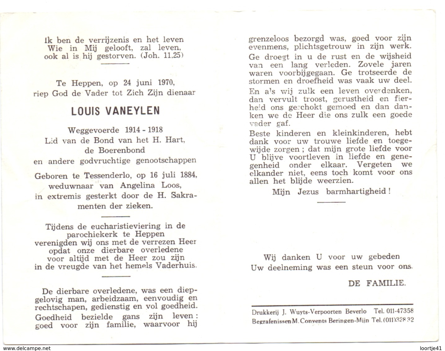 Devotie - Doodsprentje Overlijden - Oudstrijder Louis Vaneylen - Tessenderlo 1884 - Heppen 1970 - Décès