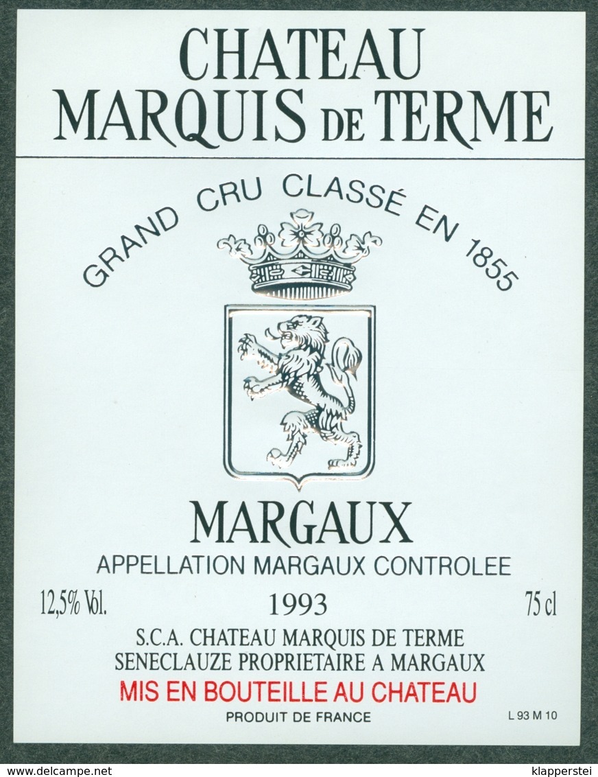 Etiquette De Vin Bordeaux Château Marquis De Terme Margaux 1993 - Bordeaux