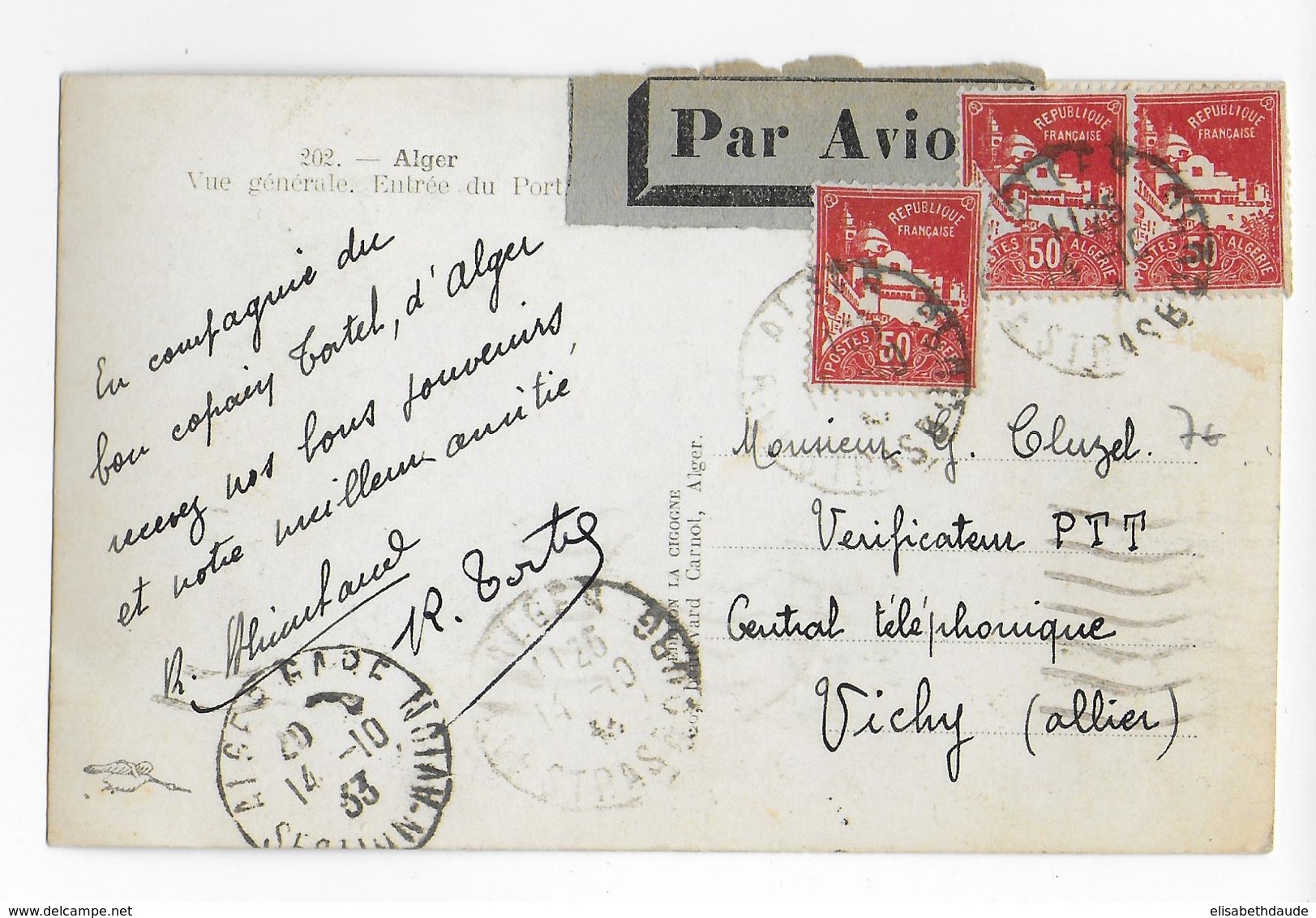 ALGERIE - 1933 - CARTE Par AVION De ALGER => VICHY - Lettres & Documents