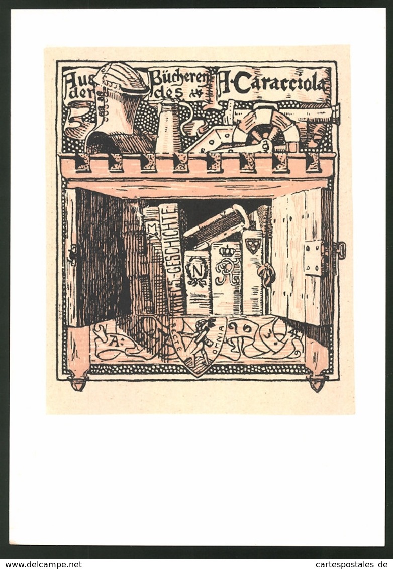 Exlibris Von Hans Pieper Für A. Caracciola, Ritter Bedient Geschütz, Bücher Im Schliessfach - Exlibris