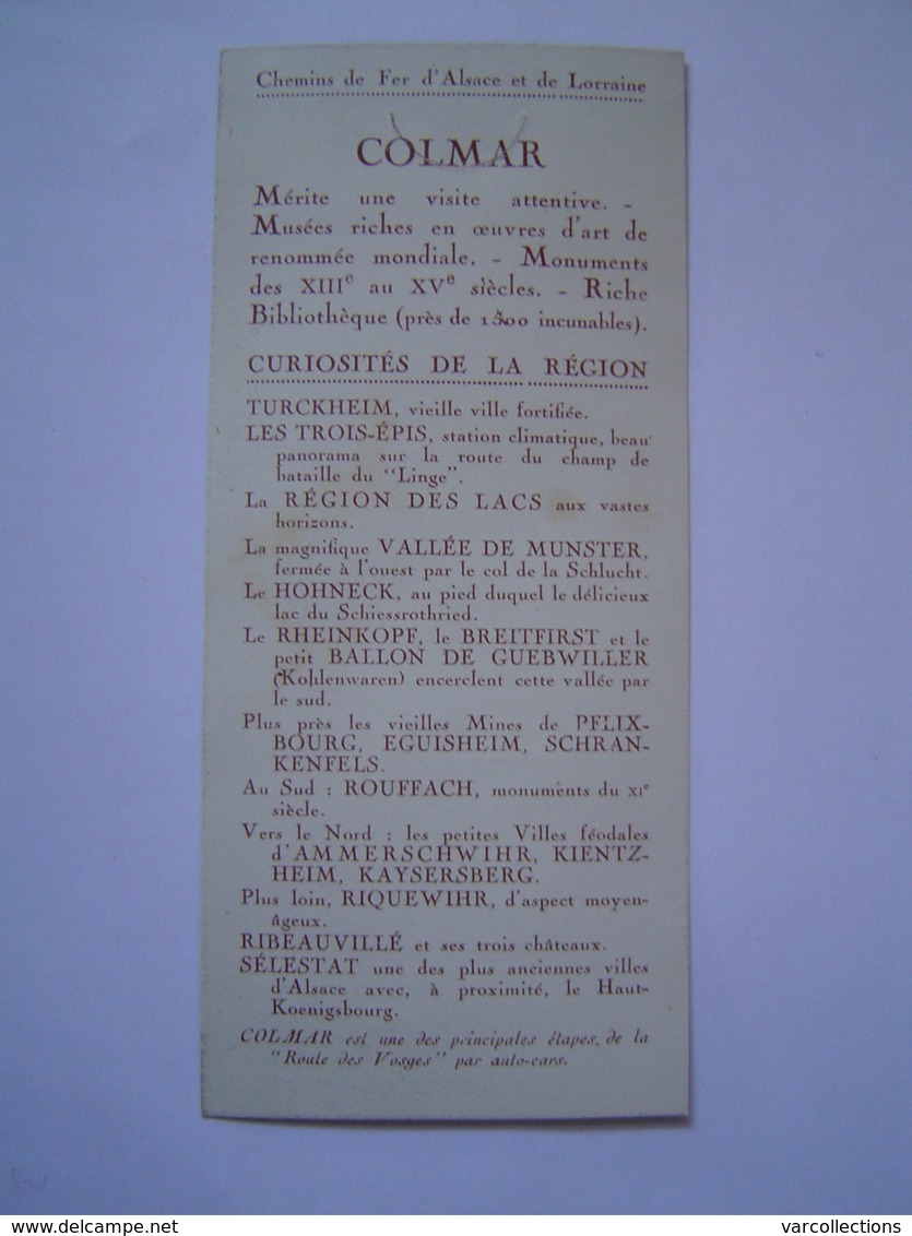 MARQUE PAGE Ancien : PUBLICITE CHEMIN DE FER ALSACE - LORRAINE / COLMAR - Marque-Pages