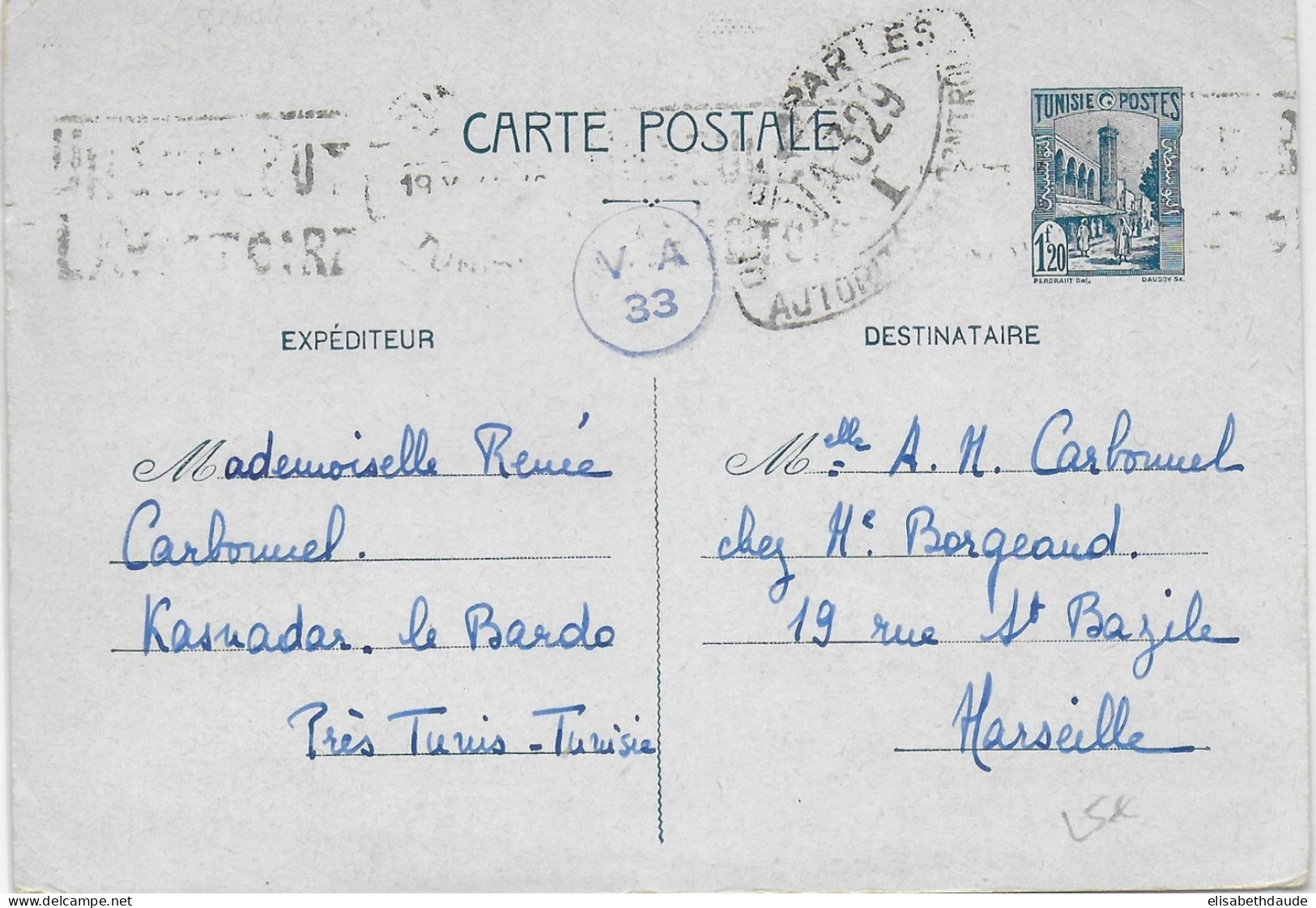 TUNISIE - 1944 - CARTE ENTIER POSTAL De KASNADAR LE BARDO Avec CENSURE => MARSEILLE - Cartas & Documentos