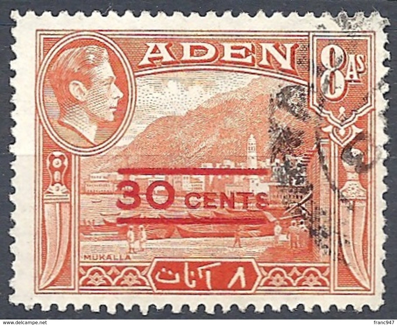 Aden, 1951 King George VI, 30c. On 8a. Red-orange # S.G. 40 - Michel 41 - Scott 40  USED - Aden (1854-1963)