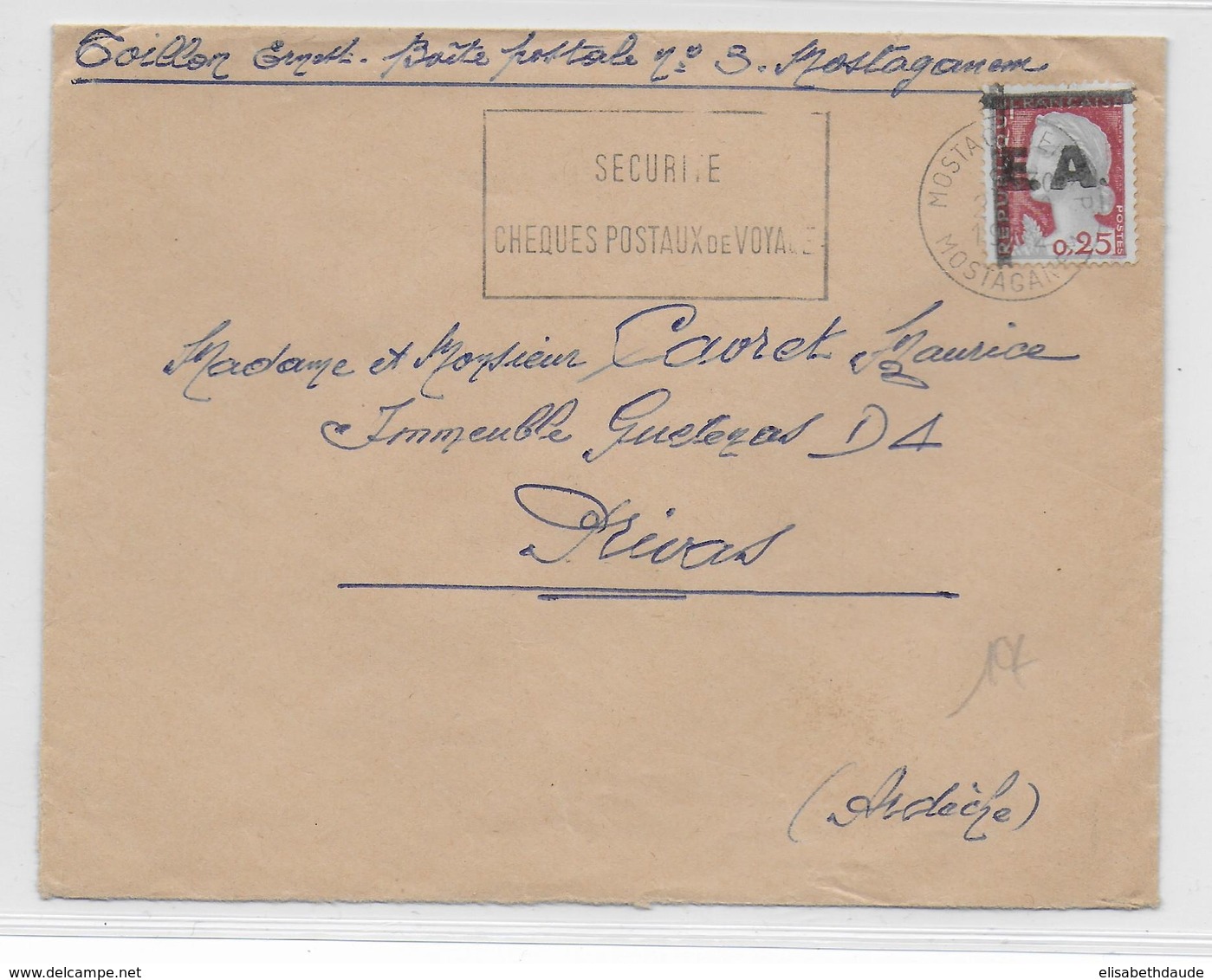 ALGERIE - 1962 - DECARIS SURCHARGE EA Sur ENVELOPPE De MOSTAGANEM => PRIVAS - Algerien (1962-...)