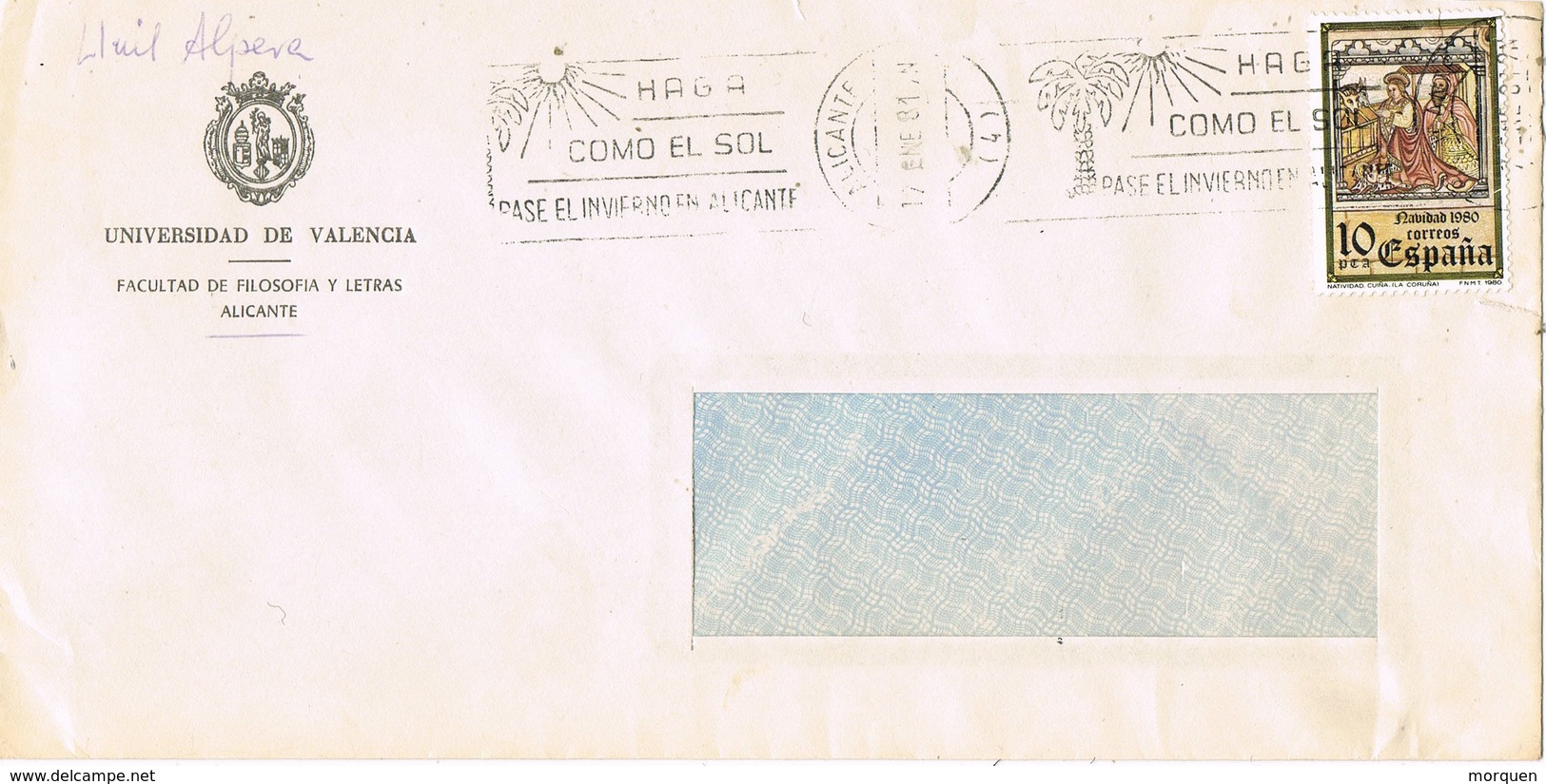 31210. Carta ALICANTE 1981. Rodillo Turistico Sol En Invierno. Universidad Valencia - Cartas & Documentos