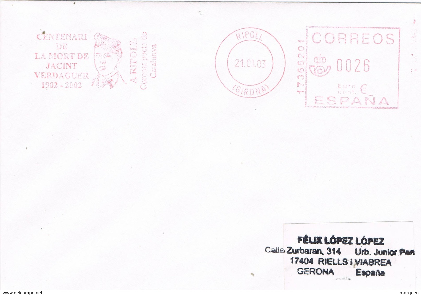 31213. Carta RIPOLL (Gerona) 2003. Franqueo Mecanico JACINT VERDAGUER - Cartas & Documentos