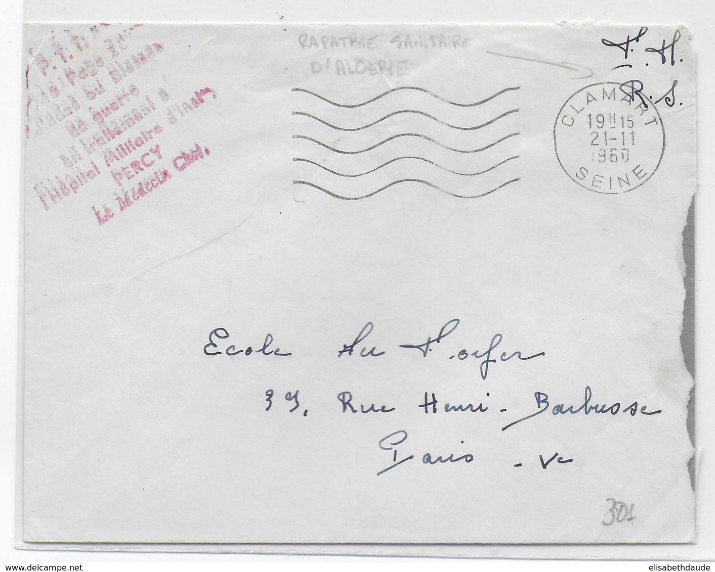 GUERRE D'ALGERIE - 1960 - ENVELOPPE FM De L'HOPITAL MILITAIRE PERCY D'un PARACHUTISTE RAPATRIE SANITAIRE - Guerre D'Algérie