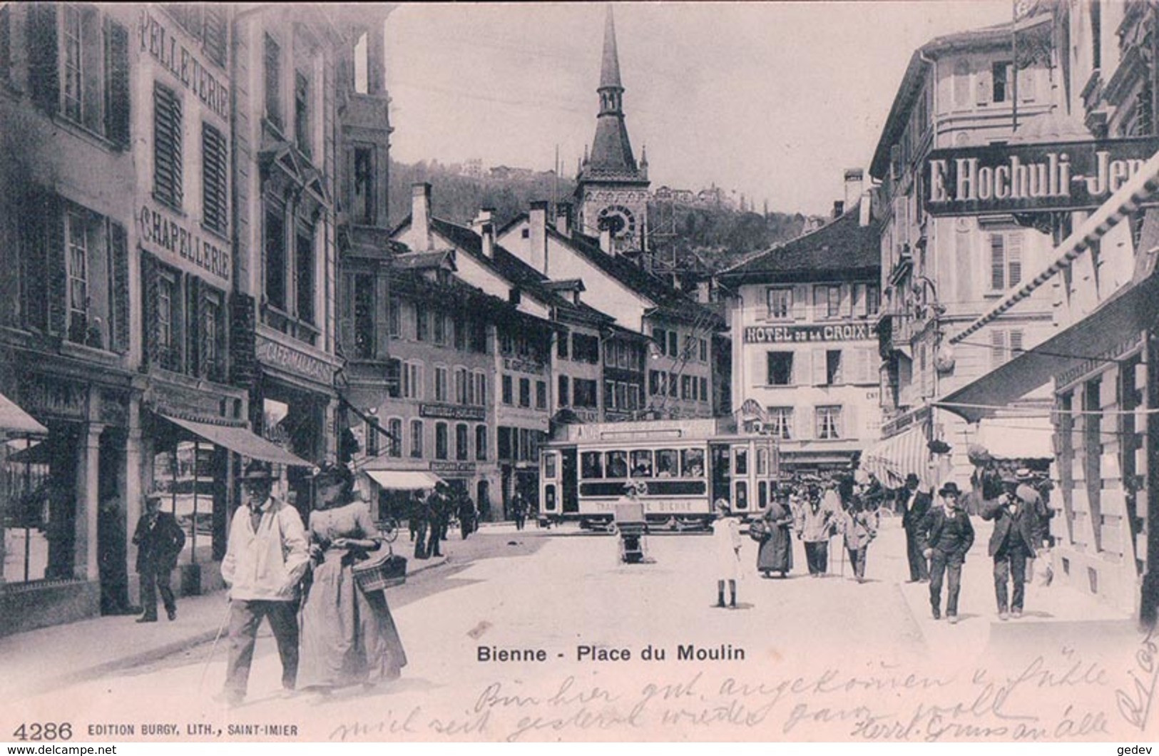 Bienne BE, Place Du Moulin,Tramway Et Hôtel De La Croix Blanche (5.1.1905) - Bienne