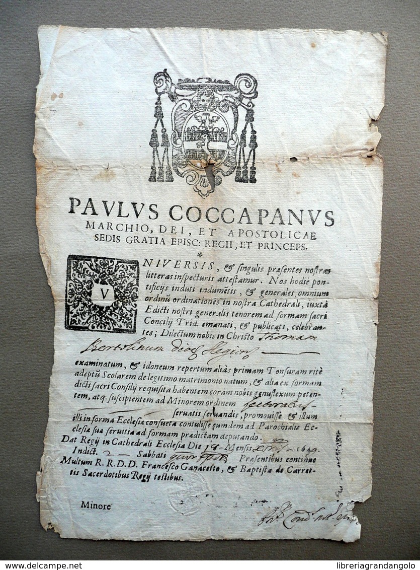 Modulo Tonsura Ordini Minori Paulus Coccapanus Vescovo 1649 Religione - Non Classificati