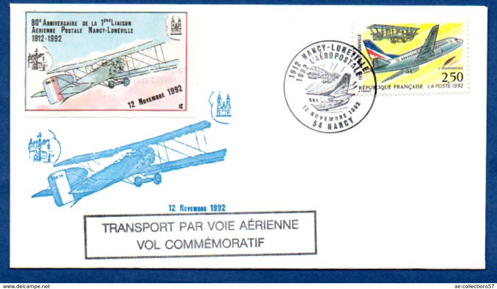 Enveloppe Premier Jour  /80ème Anniversaire / Aéropostale / Nancy - Lunéville / 12-11-92 - 1990-1999