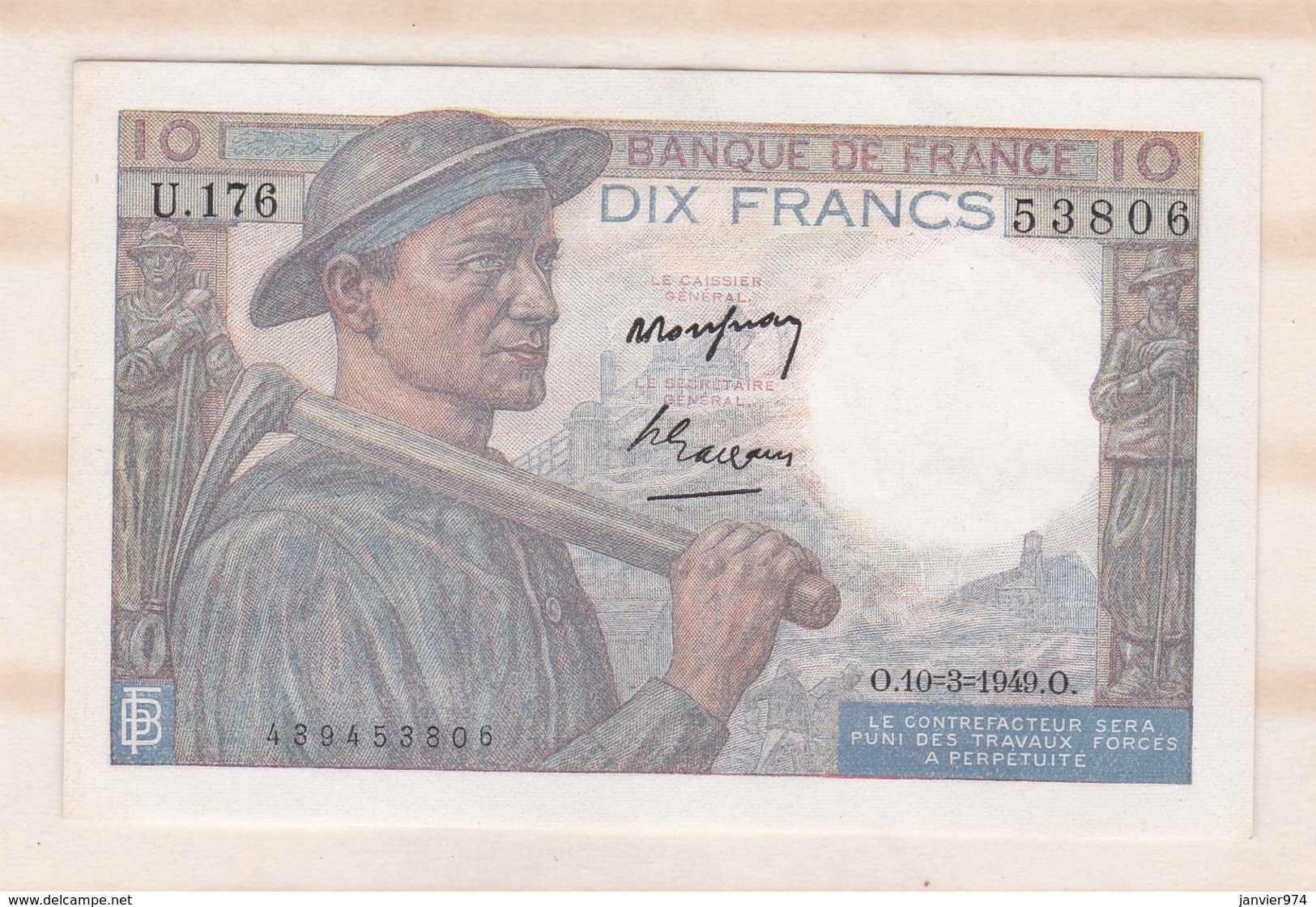 10 Francs Mineur 10 3 1949 Alphabet U.176 N° 53806, Billet Neuf - 10 F 1941-1949 ''Mineur''