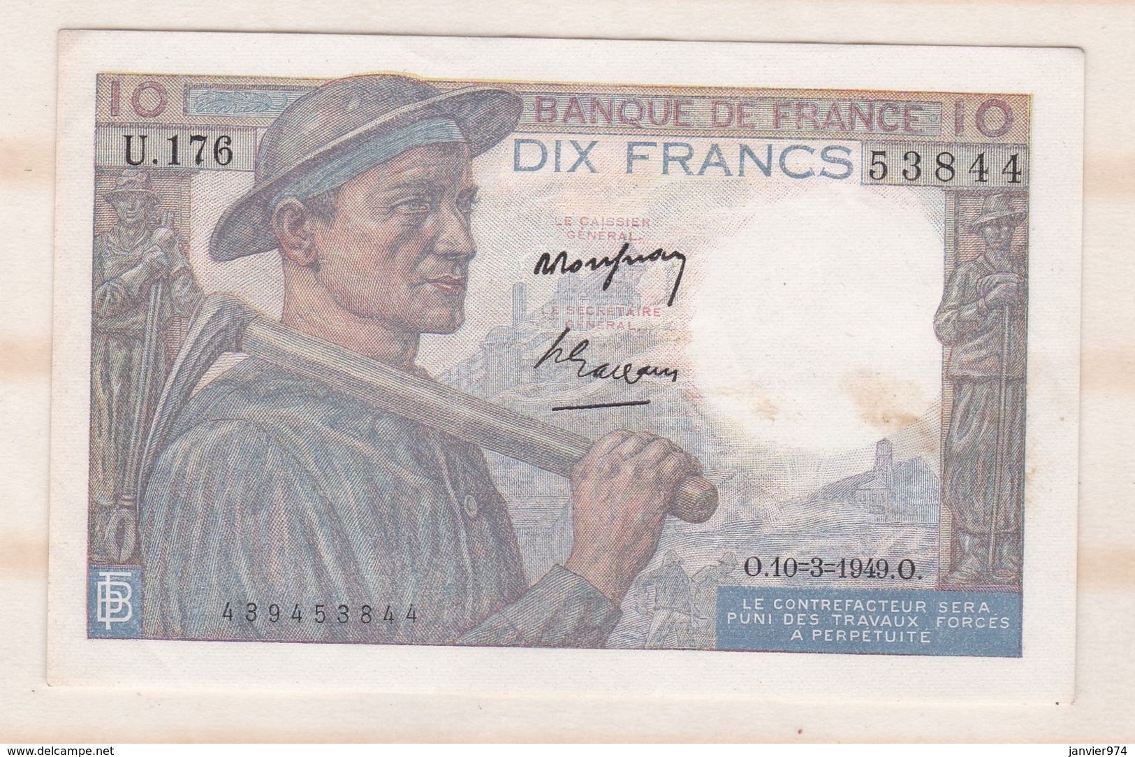 10 Francs Mineur 10 3 1949 Alphabet U.176 N° 53844, Billet P/Neuf - 10 F 1941-1949 ''Mineur''