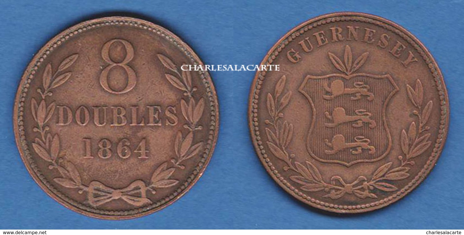 GUERNSEY 1864 VICTORIA HEATON MINT BRONZE  8 DOUBLES  VERY GOOD/FINE CONDITION PLEASE SEE SCAN - Guernesey