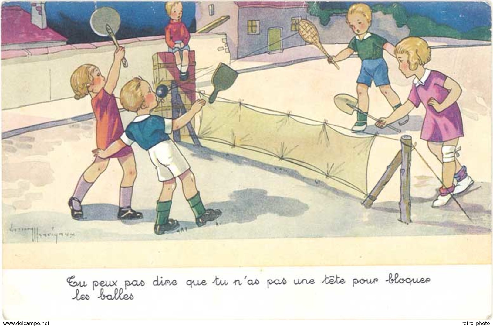 Cpa Signée Gaston Maréchaux – Enfants, Jeu De Tennis - Autres & Non Classés