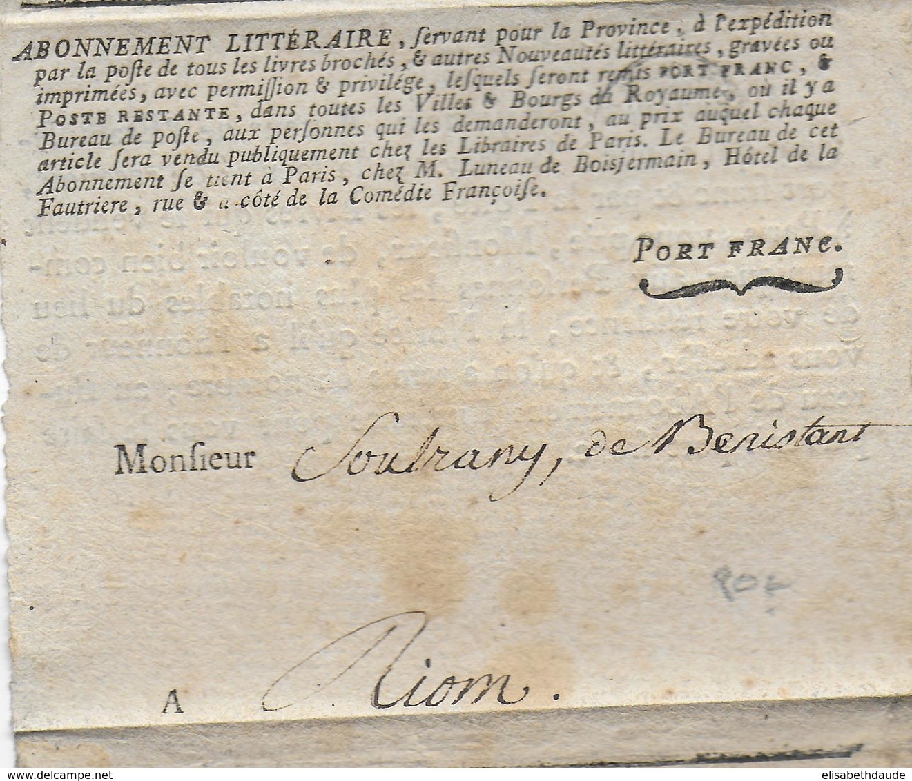 17° - LETTRE PORT FRANC "ABONNEMENT LITTERAIRE" De PARIS => RIOM (PUY DE DOME) - ....-1700: Précurseurs