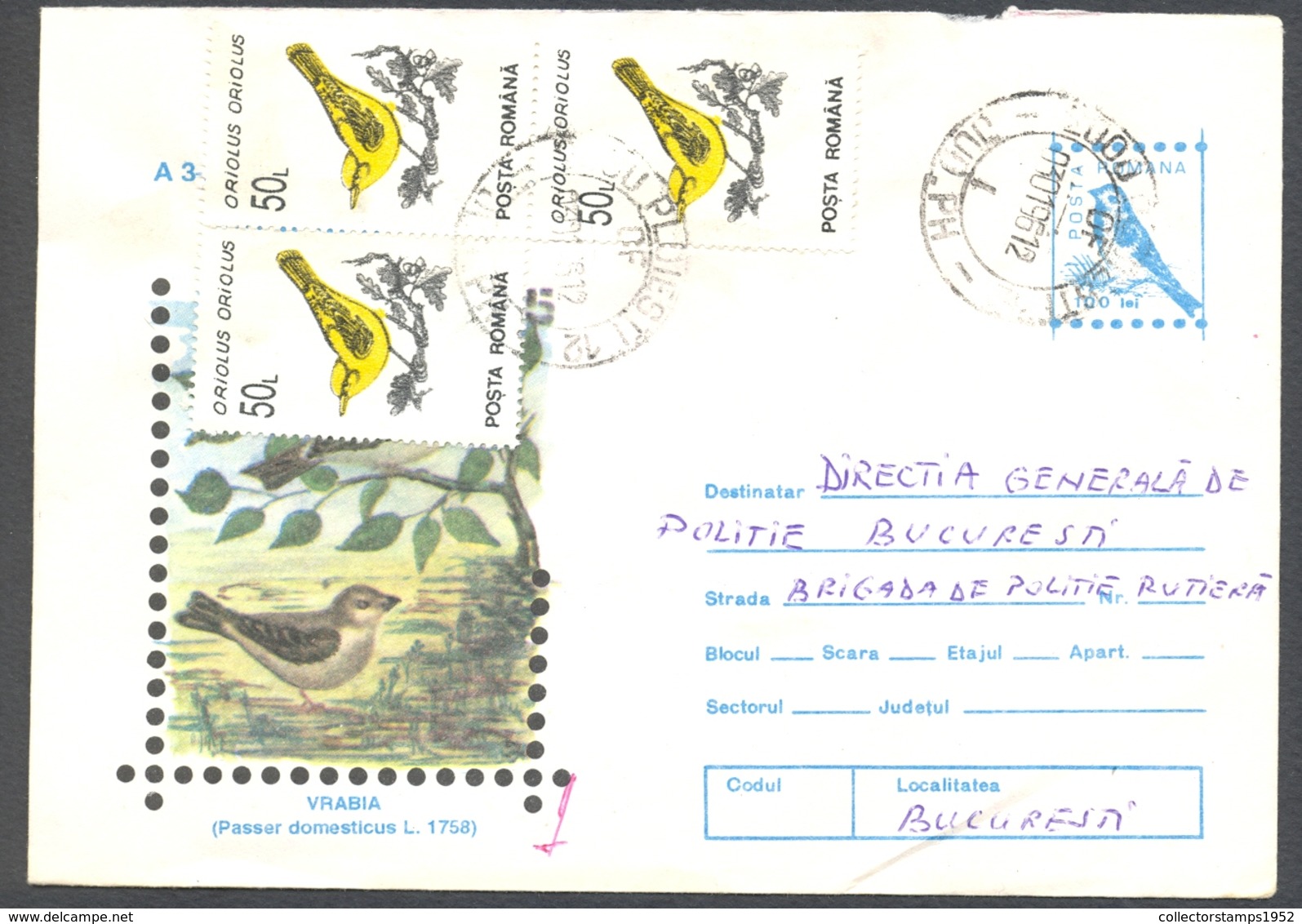 75368- HOUSE SPARROW, BIRDS, COVER STATIONERY, 1996, ROMANIA - Moineaux