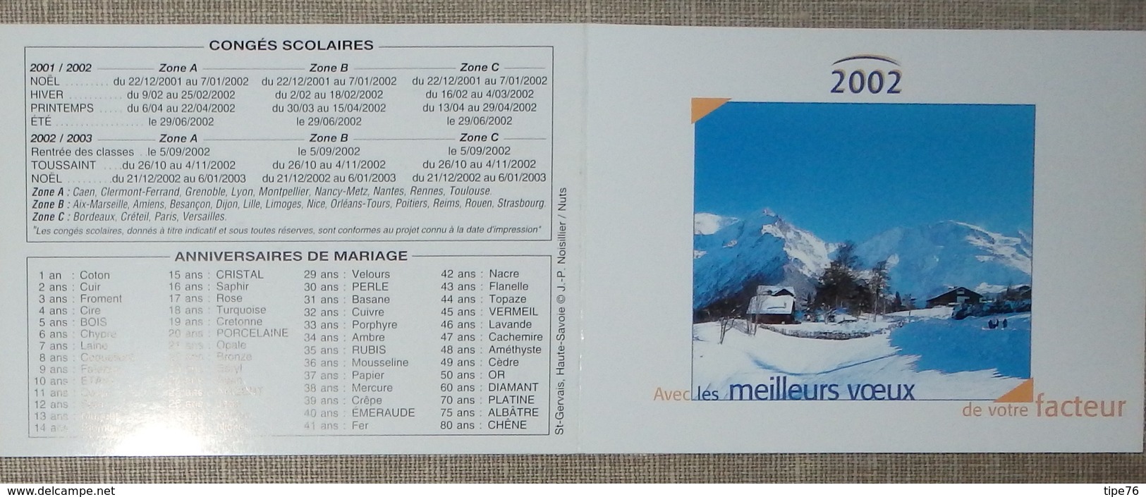 Petit Calendrier Poche 2002 Lavigne PTT Facteur St Gervais Haute Savoie - Small : 2001-...