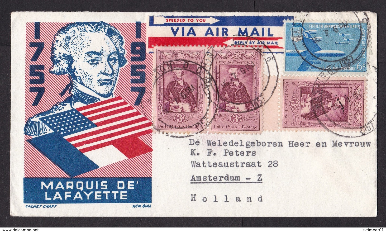 USA: Airmail Cover To Netherlands, 1957, 4 Stamps, Lafayette, Flags, Air Force, Airplane, Label (discolouring At Back) - Brieven En Documenten