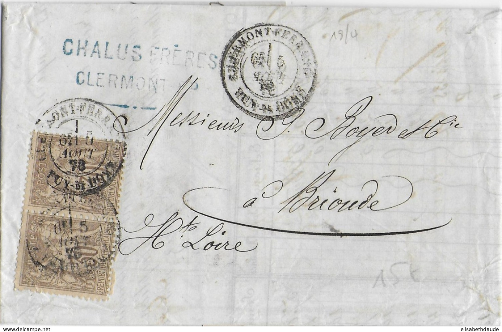 1878 - SAGE N/B - PAIRE YT 69 Sur LETTRE De CLERMONT-FERRAND (PUY DE DOME) => BRIOUDE - 1876-1878 Sage (Type I)