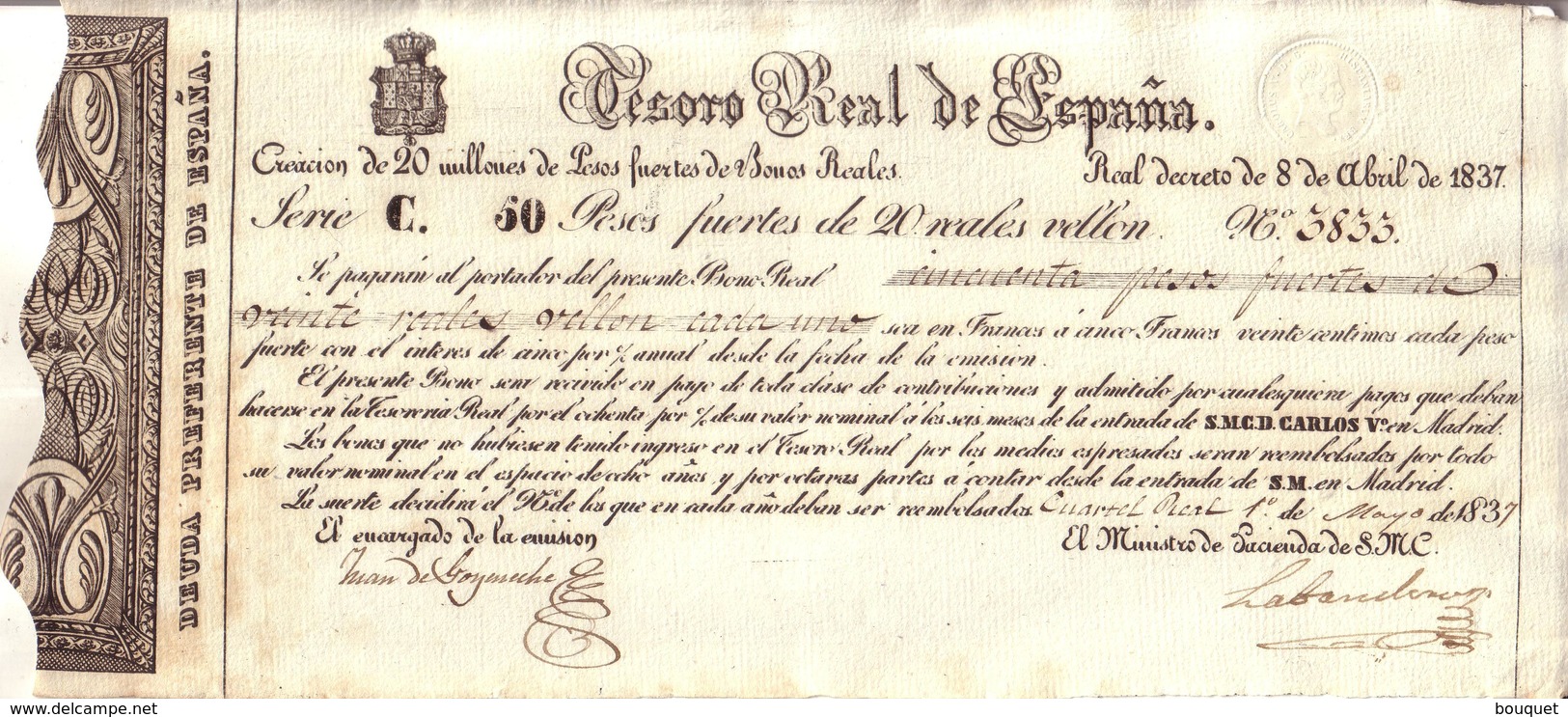 ESPAGNE - BILLET , CHARLES V - BILLETE CARLISTA 1837 N° 3833 - SMCD CARLOS V - TESORO REAL DE ESPAÑA , 50 PESOS FUERTES - [ 9] Collections