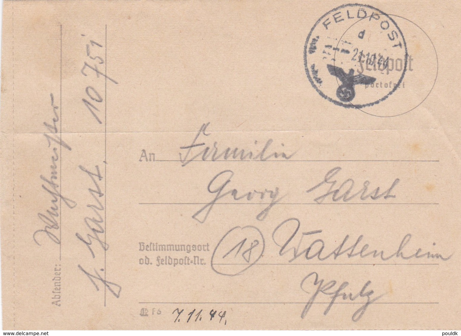 German Feldpost WW2: From Latvia - 2. Schwadron Divisions-Füsilier-Bataillon 263  FP 10751 P/m 21.10.1944 - Letter - Militaria