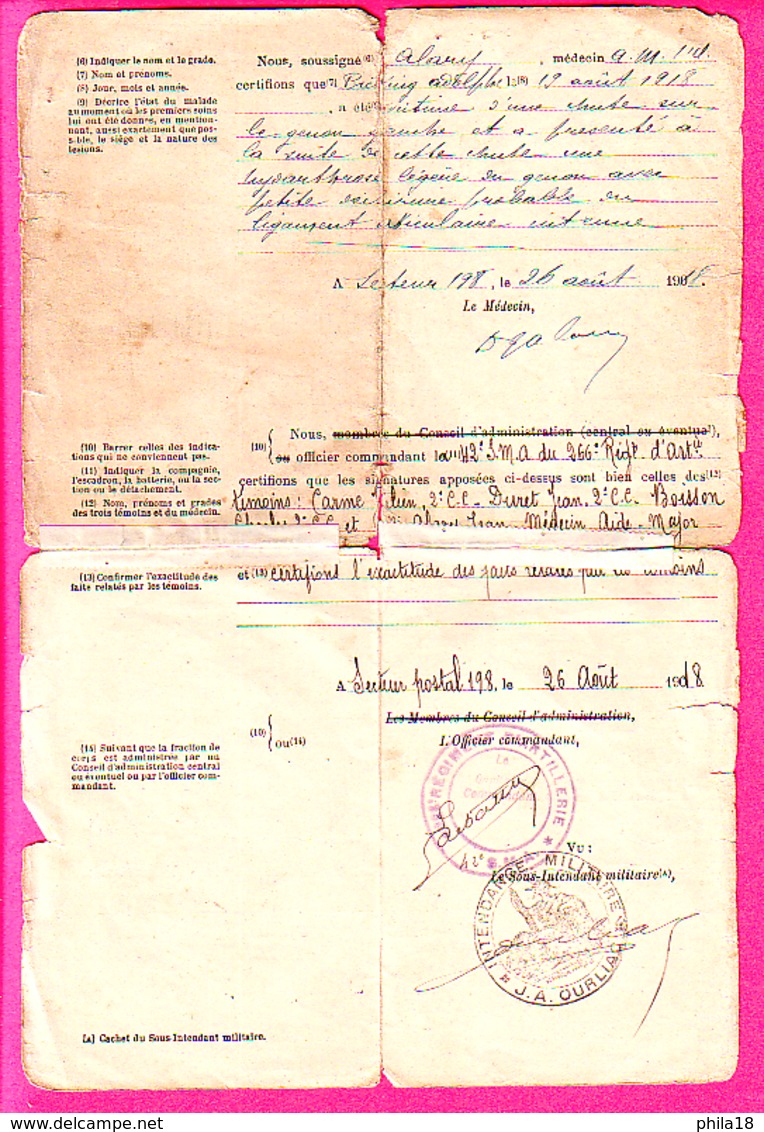 MANUSCRIT MILITAIRE - CERTIFICAT D ORIGINE DE BLESSURE -SECTEUR POSTAL 198  266 REGIMENT D'ARTILLERIE 42° SECTION - 1914-18