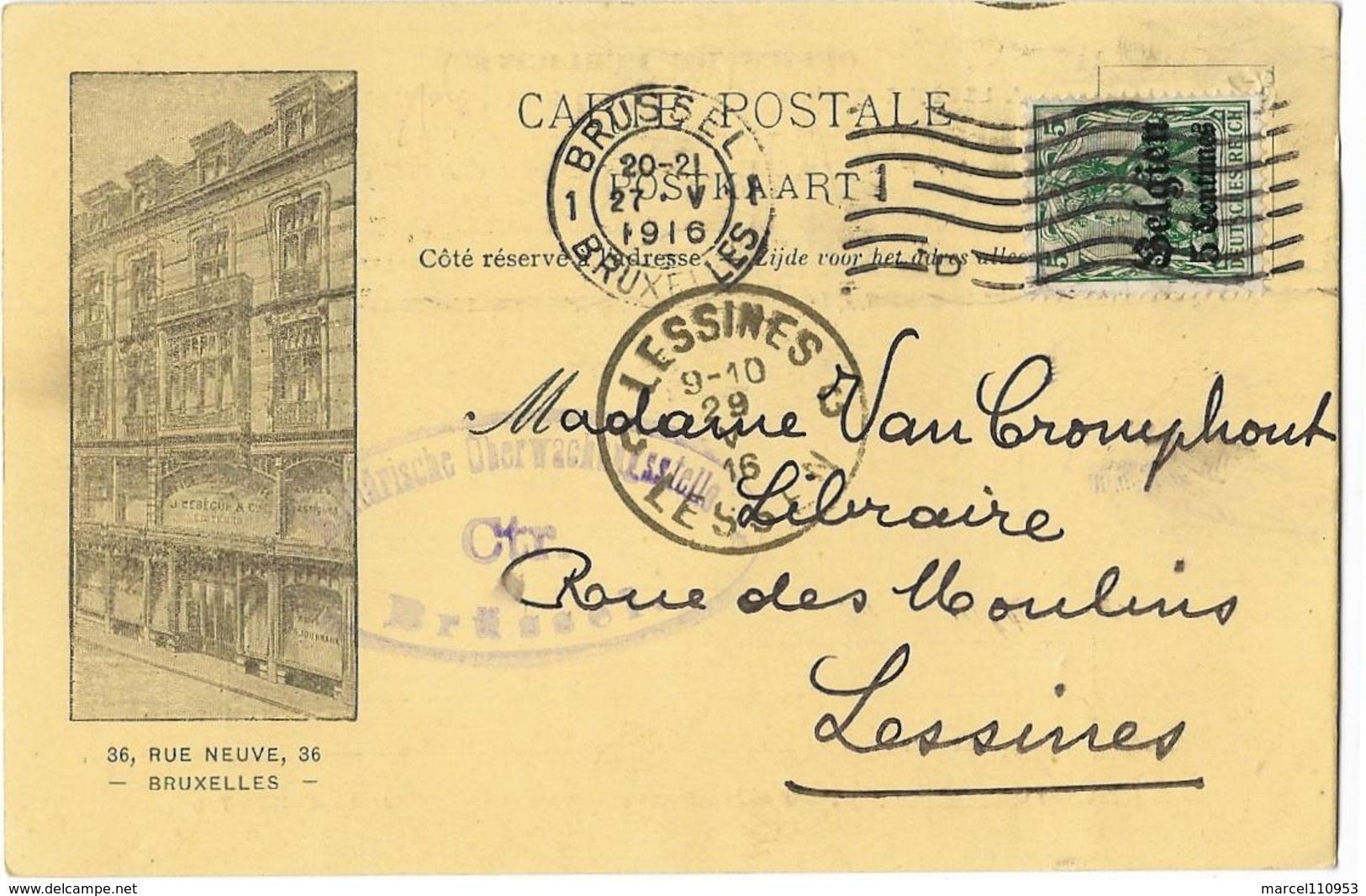 OC 12 -  Librairie Classique Lebègue Bruxelles 1916 - Office De Publicité - Lessines - Cachet De Censure - OC1/25 Gouvernement Général