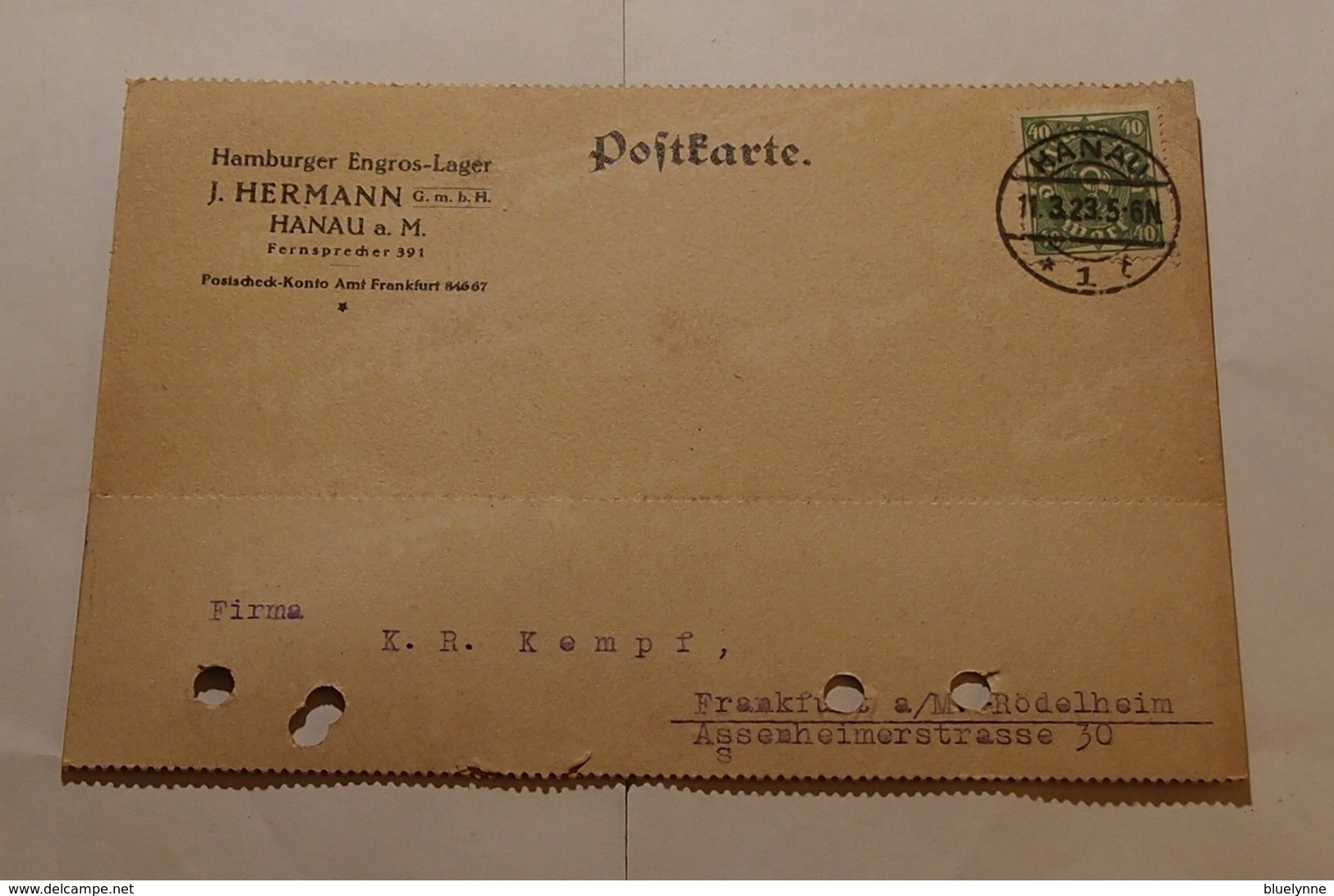 Deutsches Reich 40 M Posthorn Auf Karte 1923 - Zentrisch "Hanau" O - Storia Postale