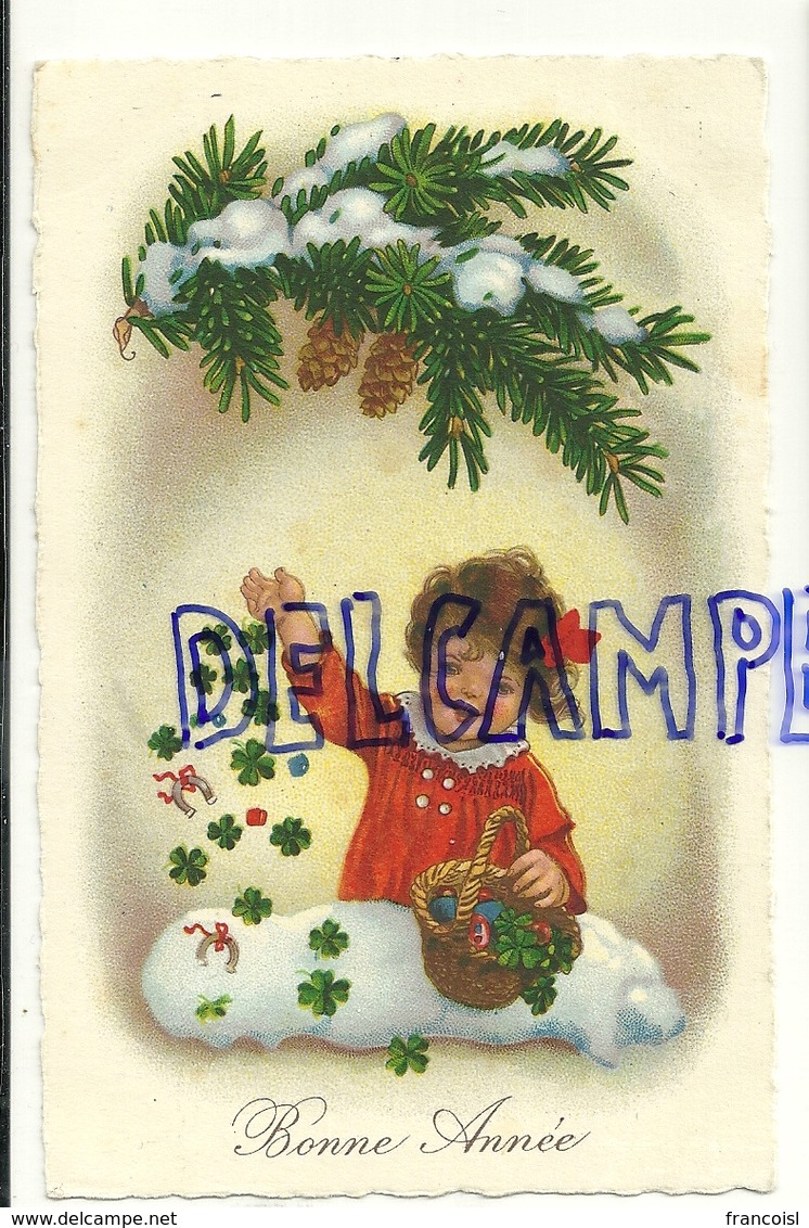 Bonne Année. Petite Fille Sur Un Nuagequi Répand Des Trèfles Et Des Fers à Cheval. Sapin, Panier - Nouvel An