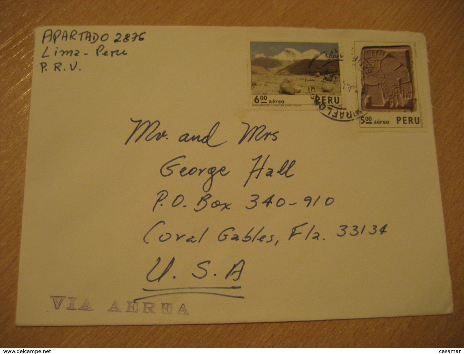 LIMA 19?? To Coral Glabes USA 2 Mountains Arqueology Stamp On Cancel Air Mail Cover PERU - Perú