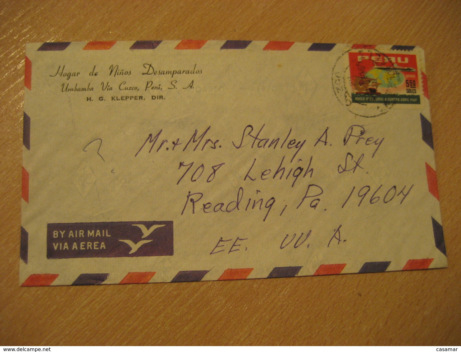 URUBAMBA Via Cuzco 1969 To Reading USA Inaugural Flight Europe Stamp On Cancel Air Mail Cover PERU - Perù