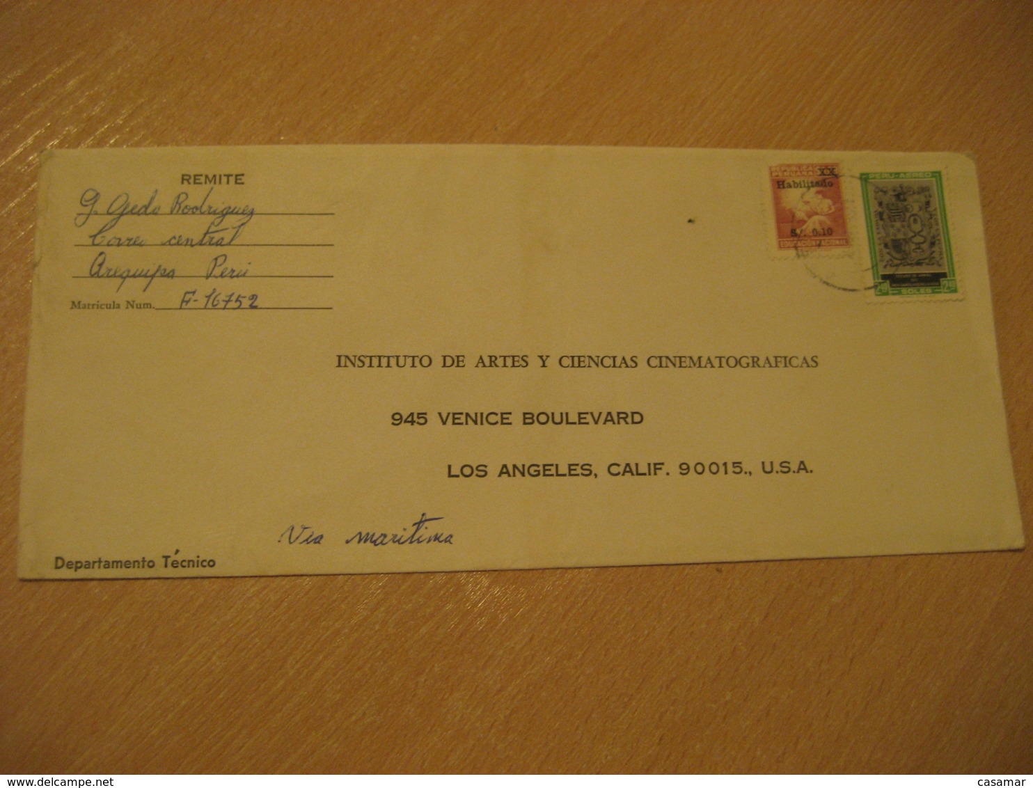 AREQUIPA 19?? To Los Angeles USA Via Maritima 2 Stamp On Cancel Cover PERU - Peru