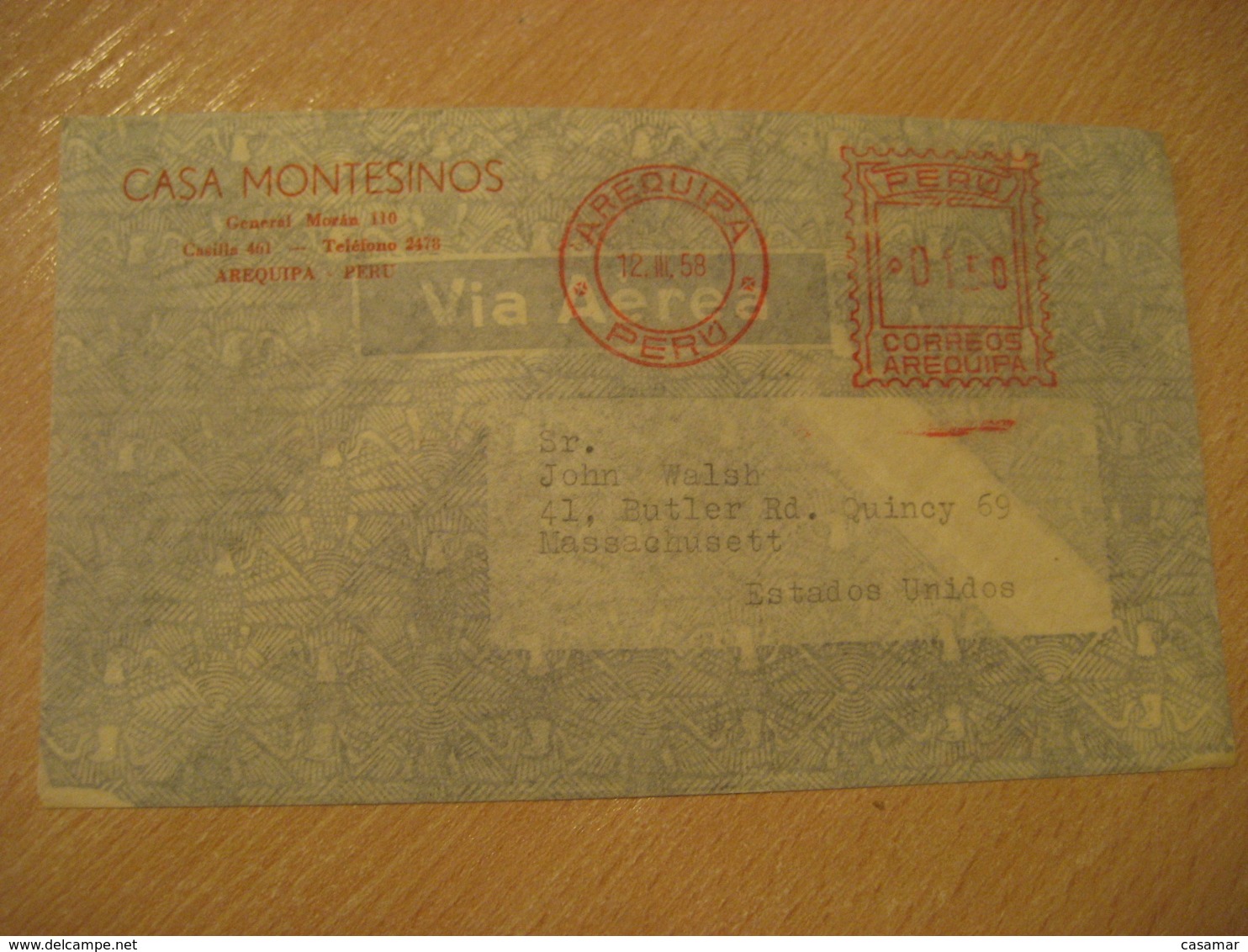 AREQUIPA 1958 To Massachusets USA Cancel Meter Air Mail Cover PERU - Pérou