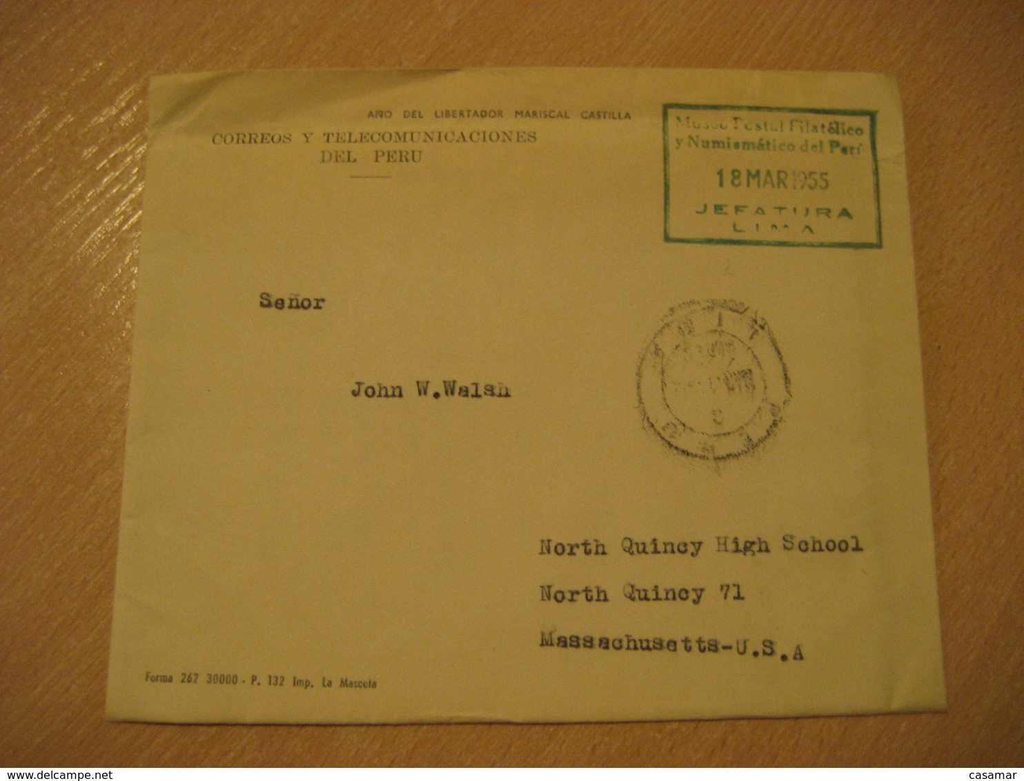 Jefatura LIMA 1955 To North Quincy USA Cancel Postage Paid Museo Postal Filatelico Museum Cover PERU - Pérou