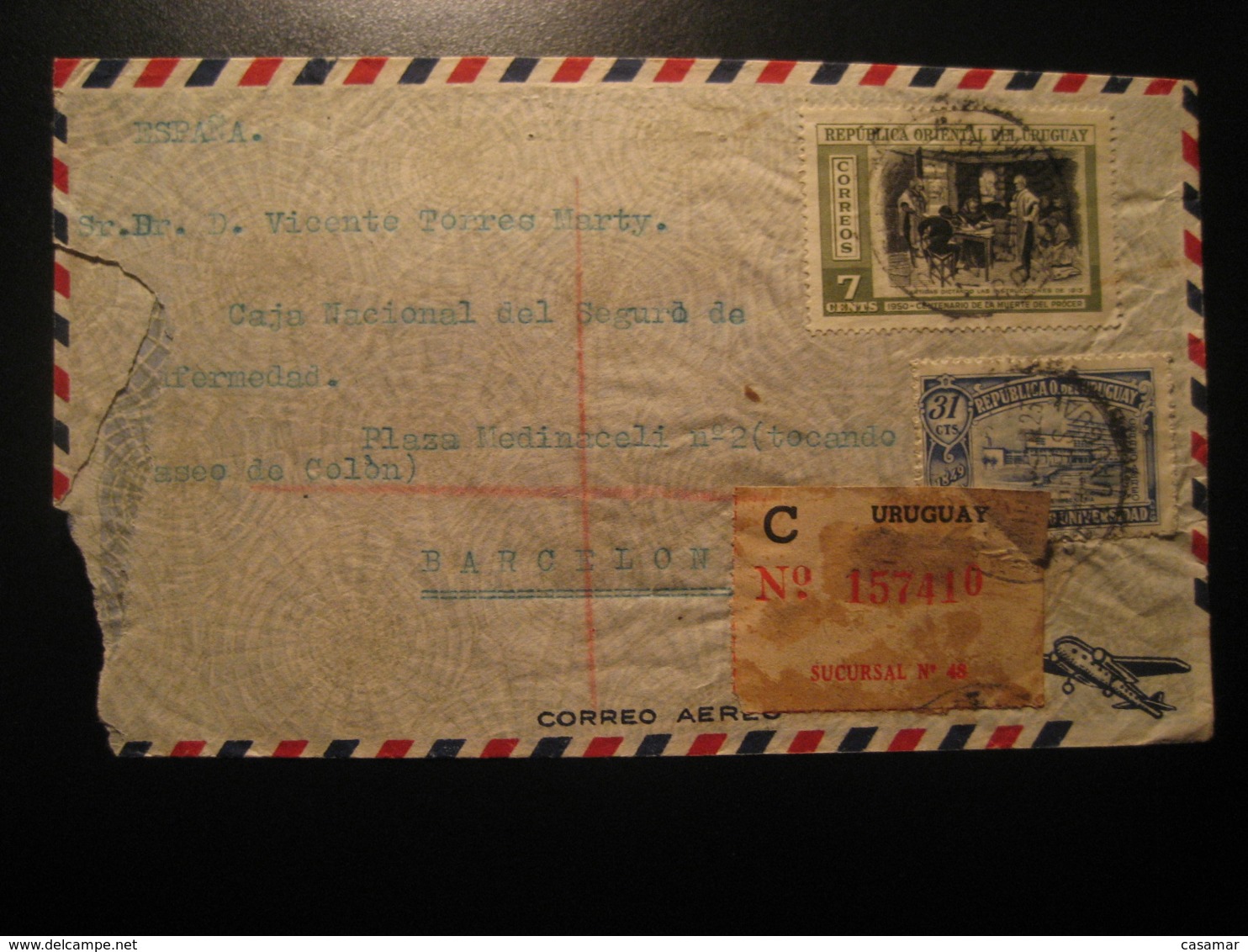 MONTEVIDEO 1923 To Barcelona Spain 2 Stamp Registered Cancel Air Mail Cover URUGUAY - Uruguay