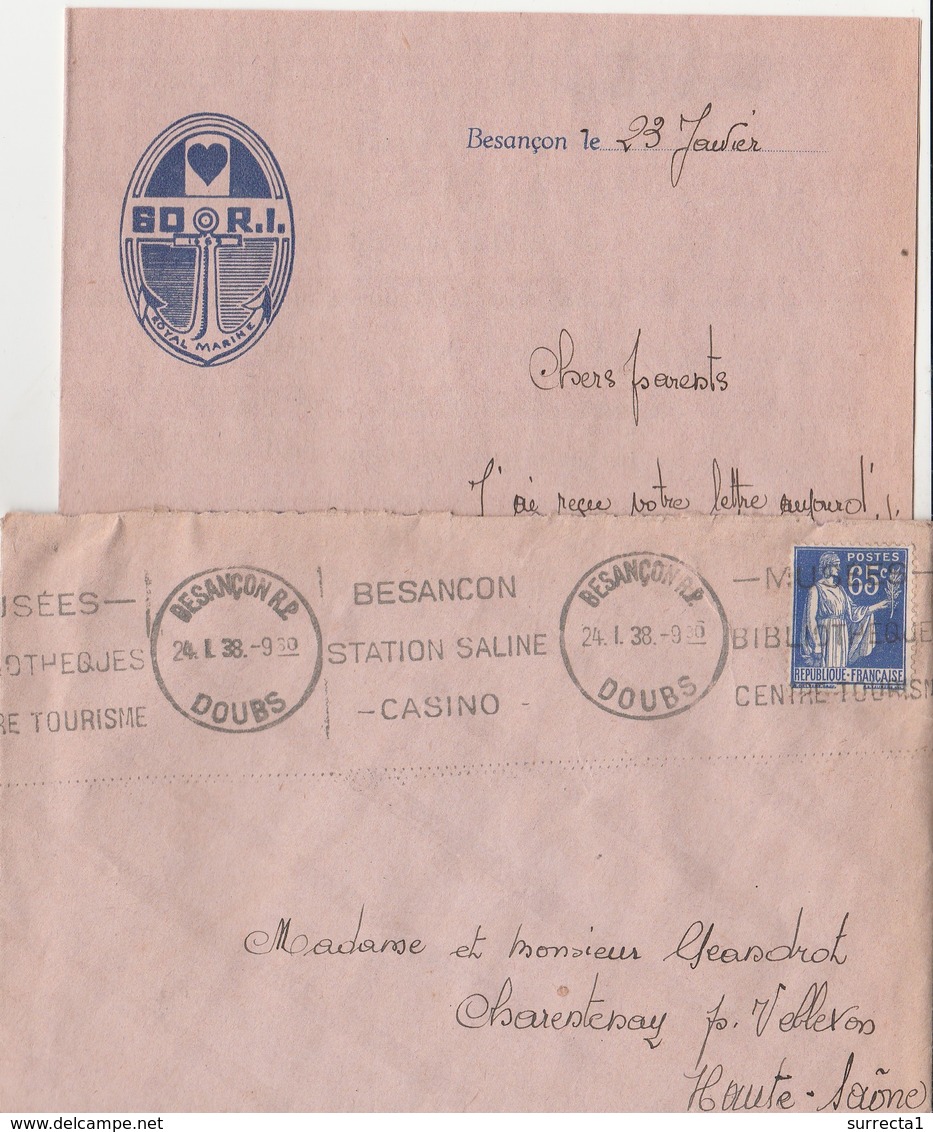 Courrier + Enveloppe 1938 / Ecusson 60 ème RI Ancre Marine / Coeur / 25 Besançon Doubs - Documents