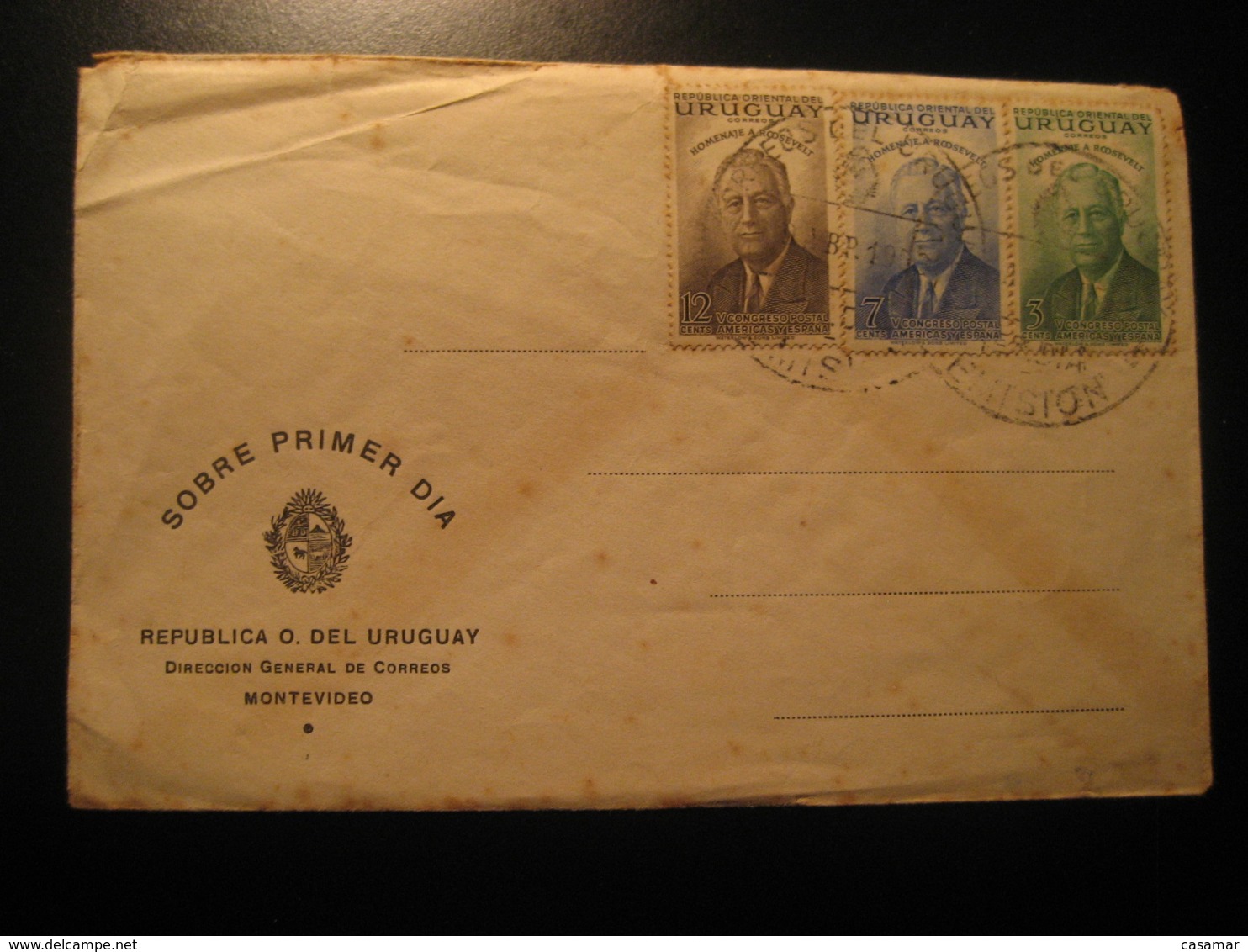 1953 Homenaje A ROOSEVELT FDC Cancel Cover URUGUAY - Uruguay