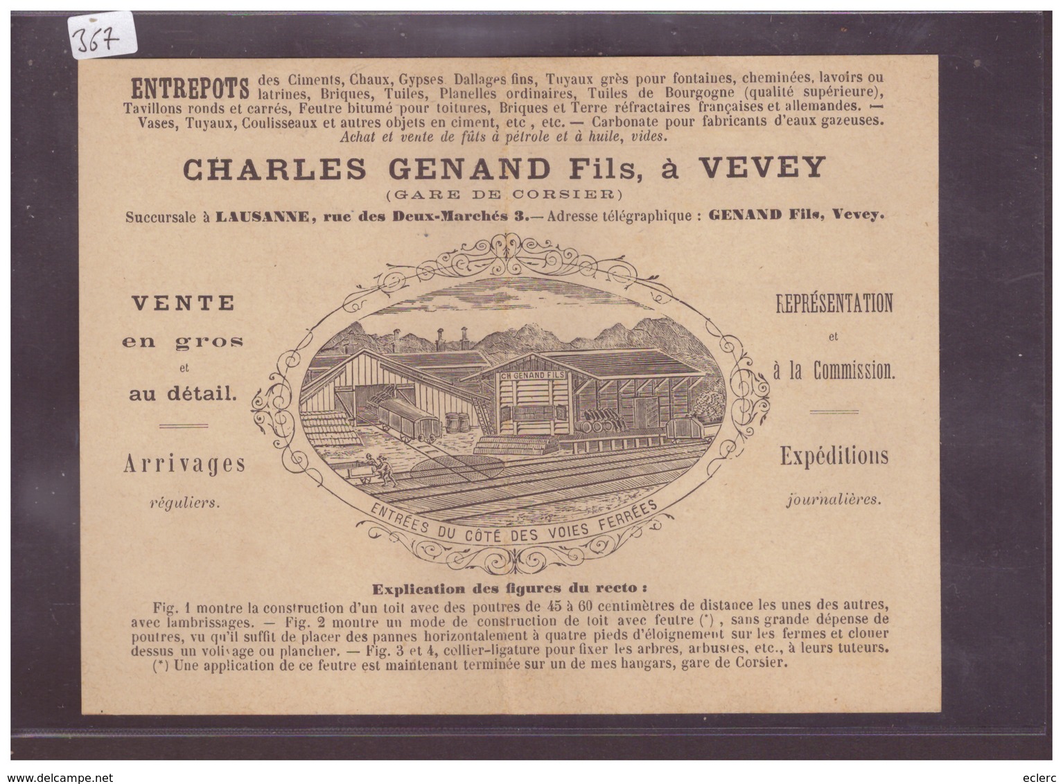 FORMAT 16x12cm - VEVEY - CHARLES GENAND Fils - ENTREPOTS DE CIMENTS - B ( PLI VERTICAL AU MILIEU ) - Vevey