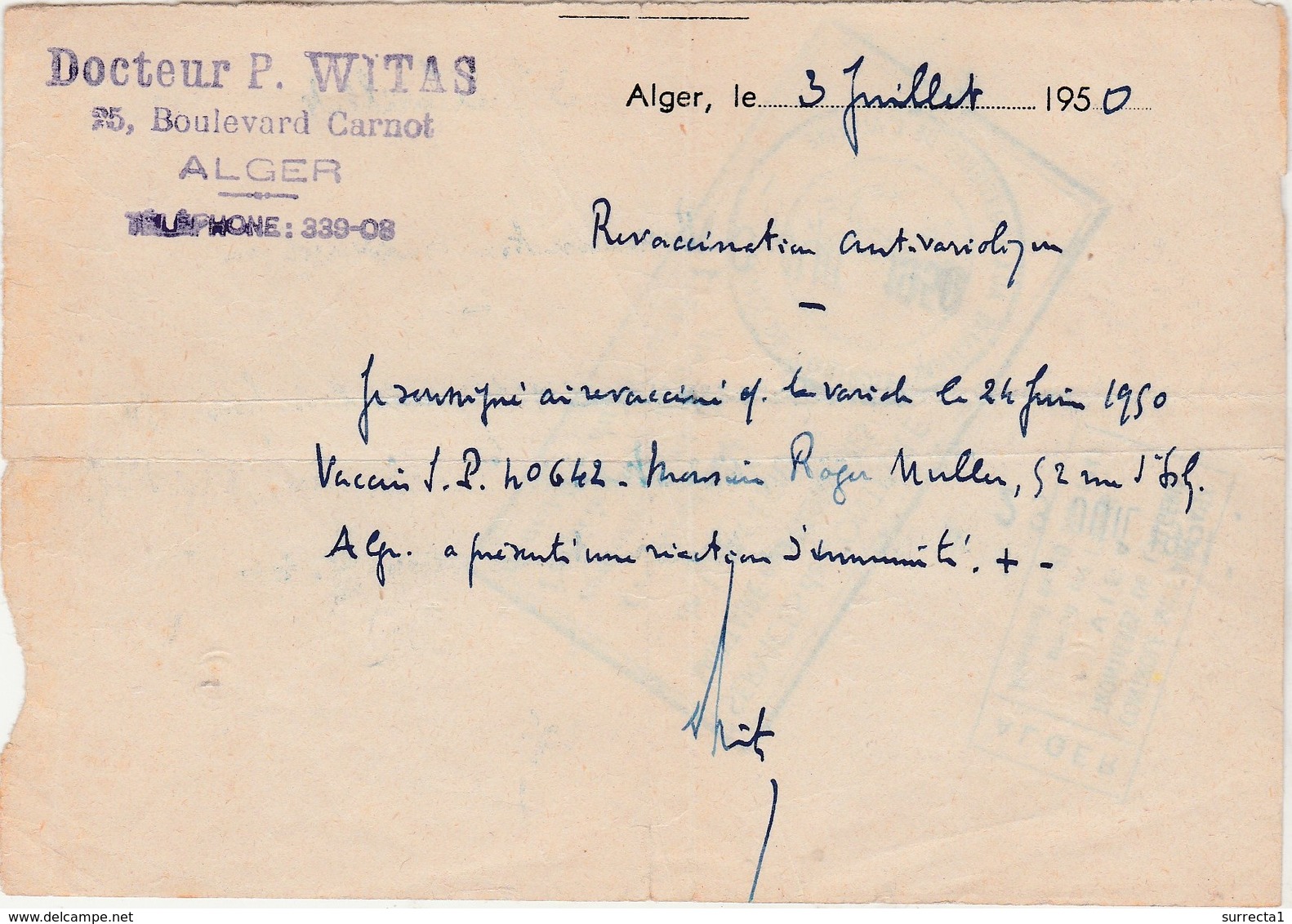 1950 / Contrôle Sanitaire Frontière Algérie / 2 Cachets Du Contrôle / Dr Witas 25 Bd Carnot à Alger - Autres & Non Classés