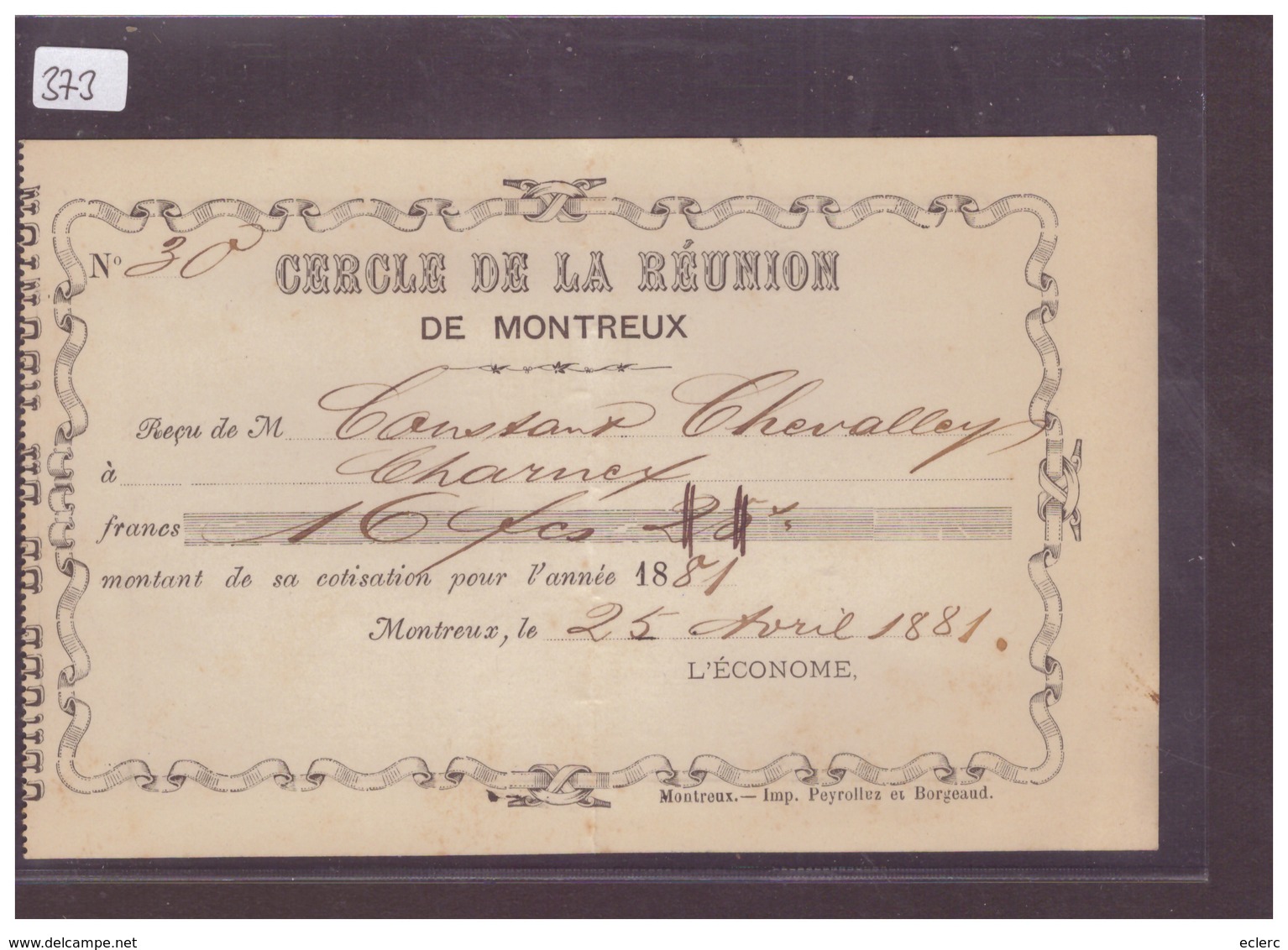 DISTRICT DE VEVEY - MONTREUX - CERCLE DE LA REUNION - QUITTANCE - TB - Montreux
