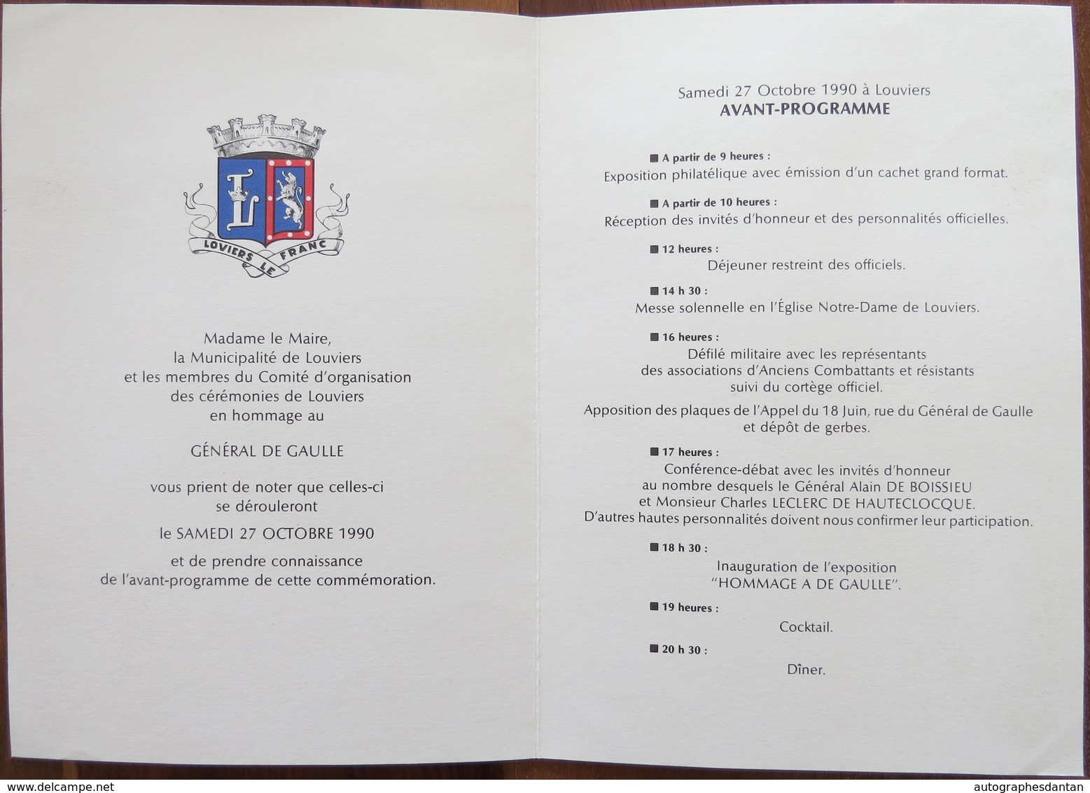 Hommage Au Général De GAULLE - Louviers 27 Octobre 1990 - Timbre + Cachet Postal - Programme - Cf 2 Photos - Eure 27 - Covers & Documents