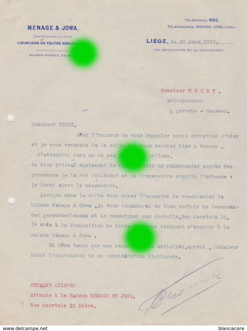 Liège MENAGE & JOWA Courrier Adressé à DOZOT Entrepreneur à Cerexhe Heuseux En 1916 - 1900 – 1949