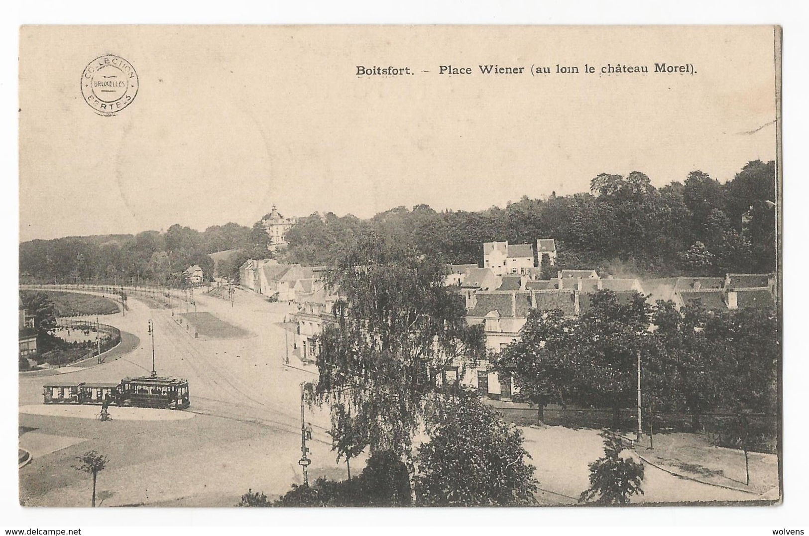 Watermael Boitsfort Place Wiener Château Morel Au Loin Carte Postale Ancienne Tram Tramway - Watermael-Boitsfort - Watermaal-Bosvoorde