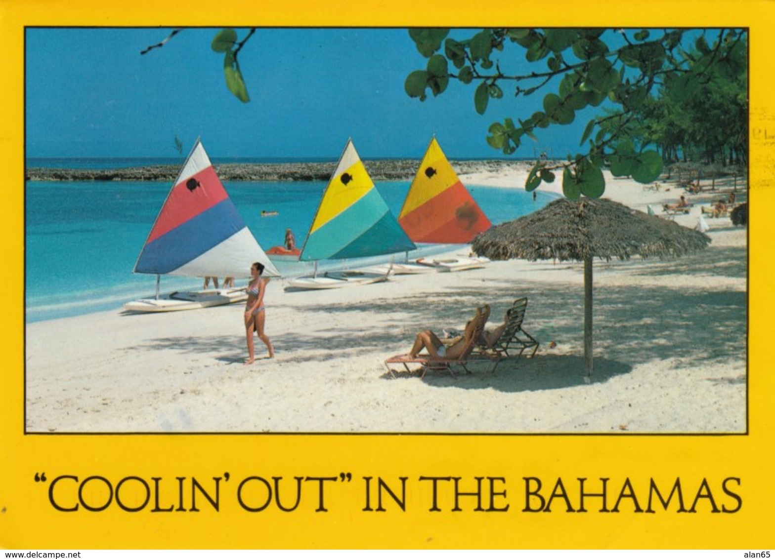 Bahamas Beach Scene Sail Boards, Postally Used C1990s Vintage Postcard - Bahamas