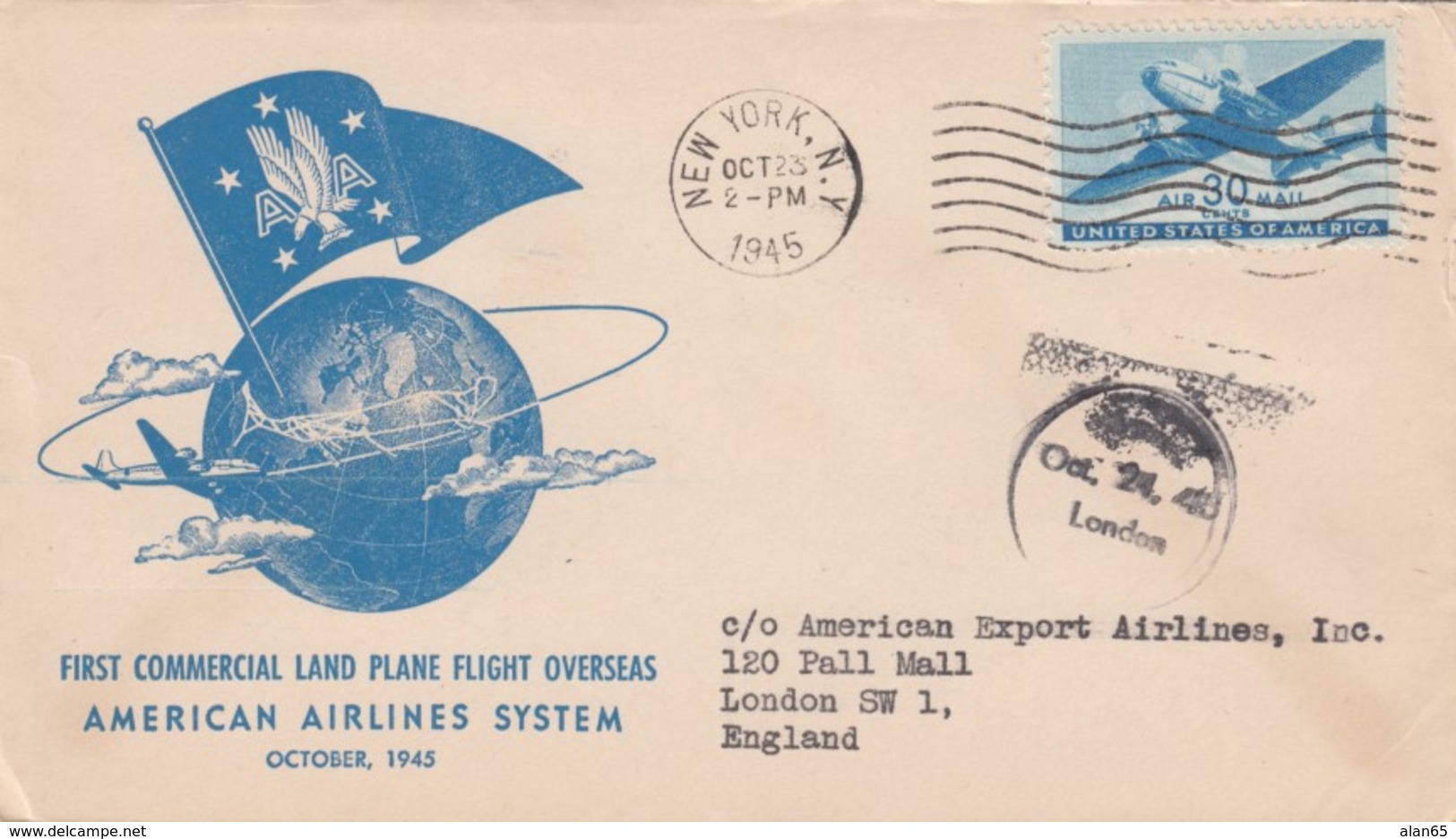 US Sc#C30 30c Issue 1st Commercial Land Plane Flight Overseas American Airlines, New York To London C1940s Vintage Cover - FDC