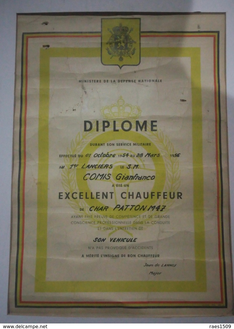 Ancien Diplome Militaire Belge D'excellent Chauffeur De Char Patton M 47 1956 - Documents