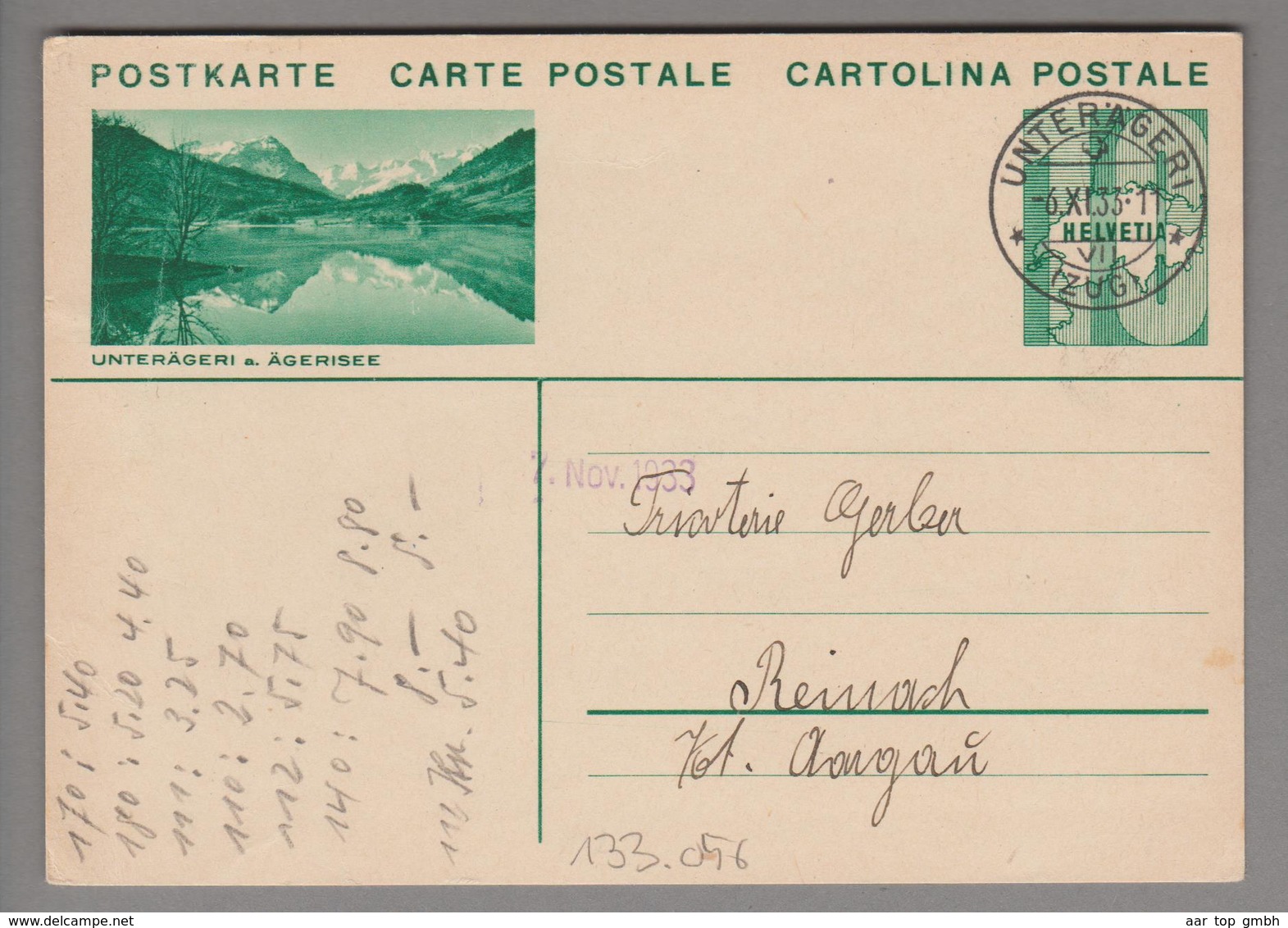 Schweiz GS Bildpostkarte Zu#133.056 übereinstimmend Unterägeri 1933-11-06 - Stamped Stationery