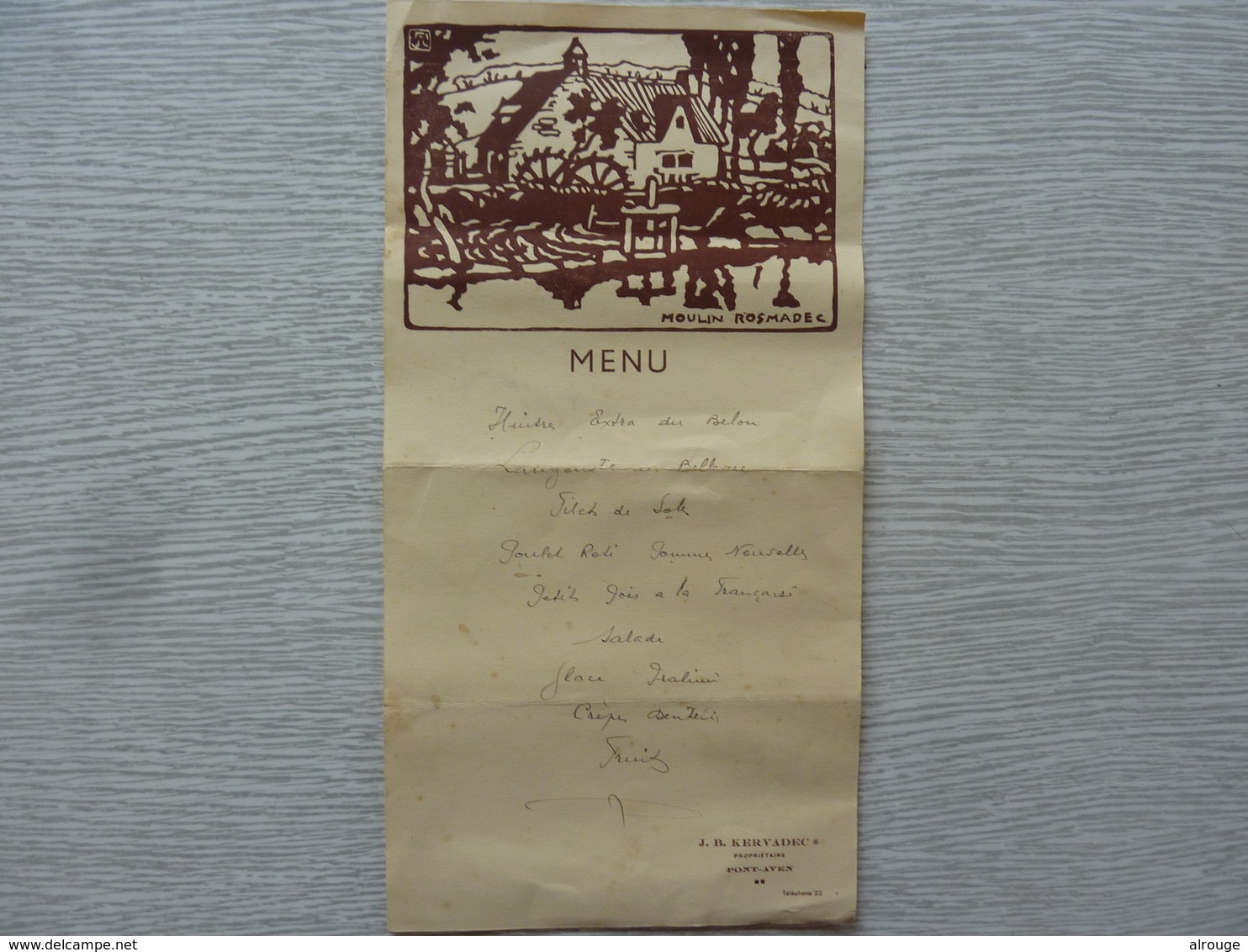 Ancien Menu Du "Moulin De Rosmadec", Pont-Aven, En 1945 - Menu