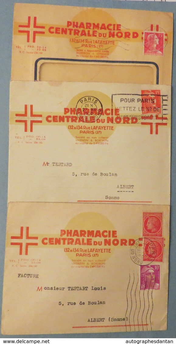 Lot De 3 Enveloppes PHARMACIE Centrale Du Nord - Paris Rue Lafayette - Cachets Postaux - ALBERT Somme 1949 1950 1953 - Konvolute: Ganzsachen & PAP