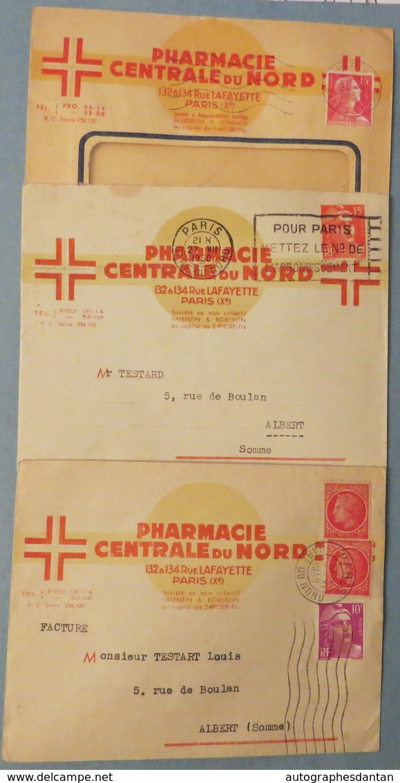 Lot De 3 Enveloppes PHARMACIE Centrale Du Nord - Paris Rue Lafayette - Cachets Postaux - ALBERT Somme 1949 1950 1953 - Lots Et Collections : Entiers Et PAP
